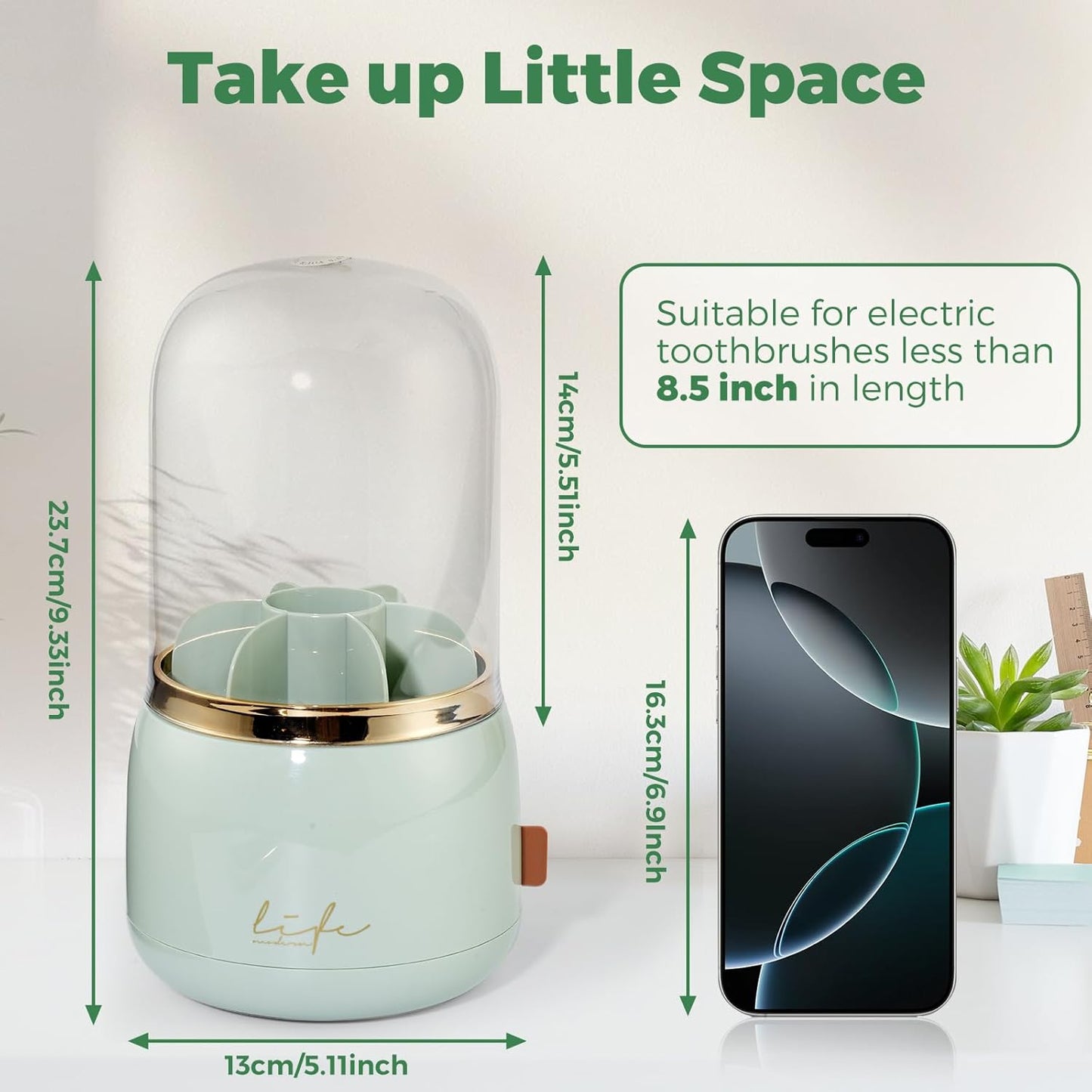 Toothbrush Holders for Bathrooms, Rotating 7 Slots Toothbrush Holder with Cover, Kids Electric Toothbrush and Toothpaste Holders for Caddy for Bathroom Vanity, Sink, Countertop, Light Green