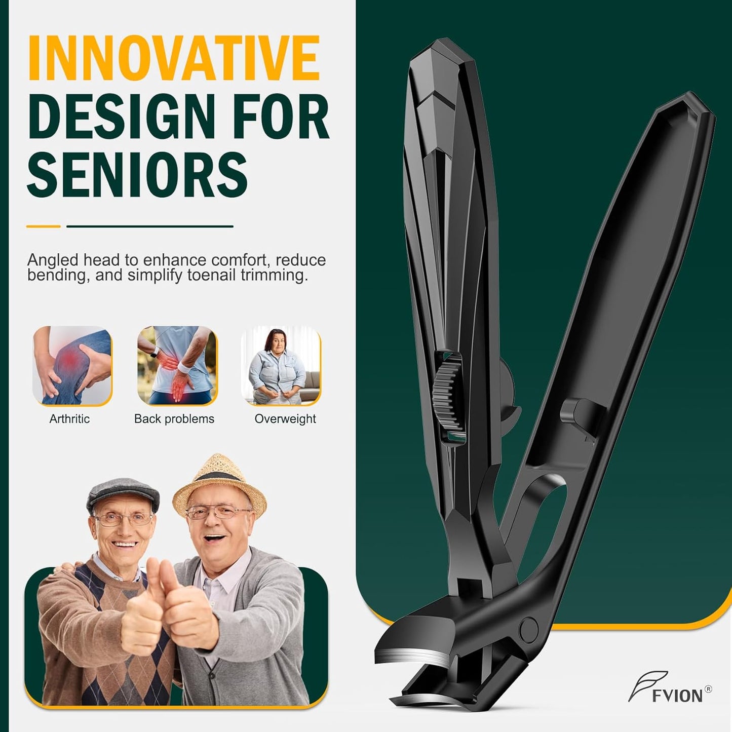 FVION Ergonomic Angled Toenail Clippers for Thick Nails – Long Handle Nail Cutter with Lock & Catcher, Stainless Steel Clippers for Seniors, Men & Women (Black)