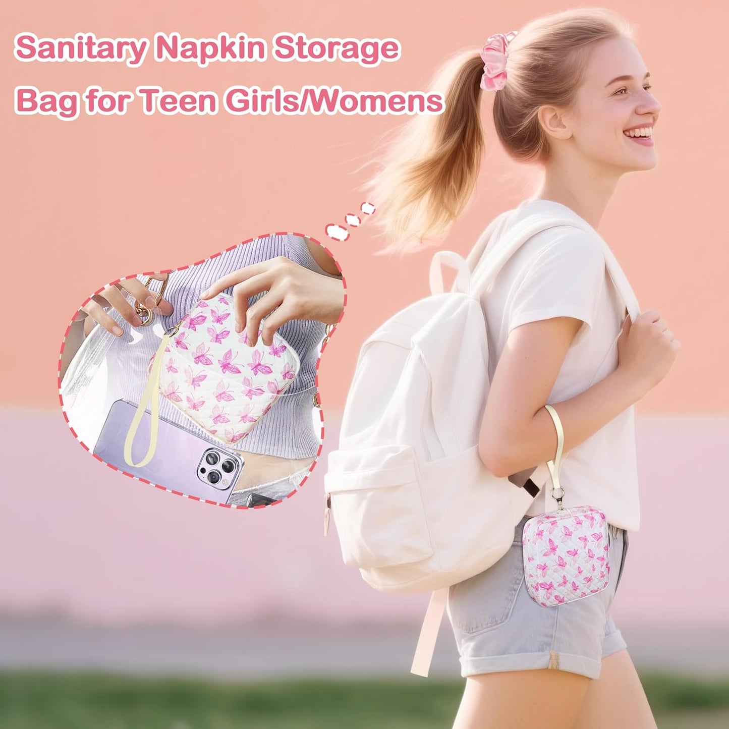 Tampon Holder for Purse, Quilted Period Bag Sanitary Napkin Storage Bag for Girls Womens, Portable Feminine Emergency Pad Period Pouch(Butterfly White)