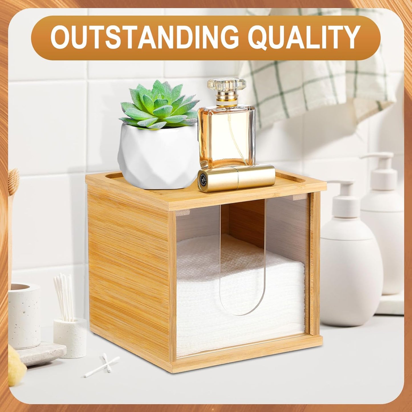 Chunful Disposable Face Towel Holder Box with Bamboo Lid, Acrylic Cosmetic Facial Towel Storage Container for Disposable Makeup Wipes Bathroom Vanity Countertop (Card Slot Connection)