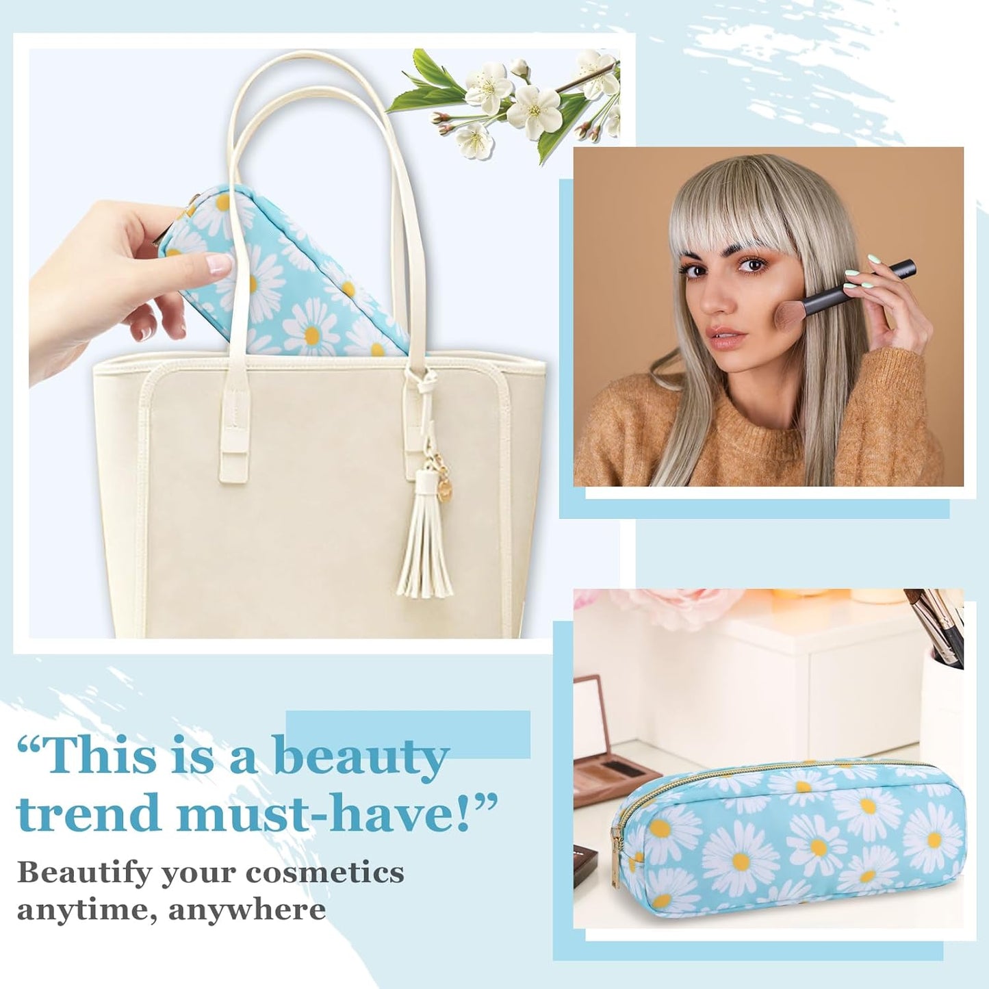 Nylon Small Floral Makeup Bag, Slim Preppy Cute Makeup Brush Case, Waterproof Travel Toiletry Bag, Coin Pouch Make Up Organizer for Women (Blue-Daisy)