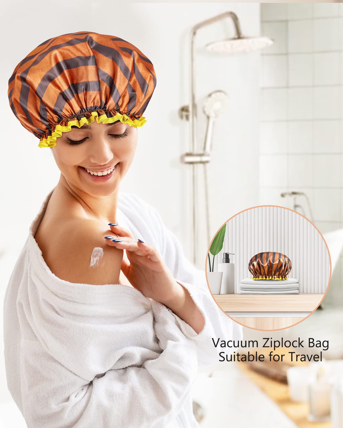 mikimini Shower Cap for Women and Men,2 Pack Double Waterproof Shower Cap for Girls and Kids, Reusable, Washable, Golden Stripes Fashionable Shower Caps Medium Pack of 2 Stripe