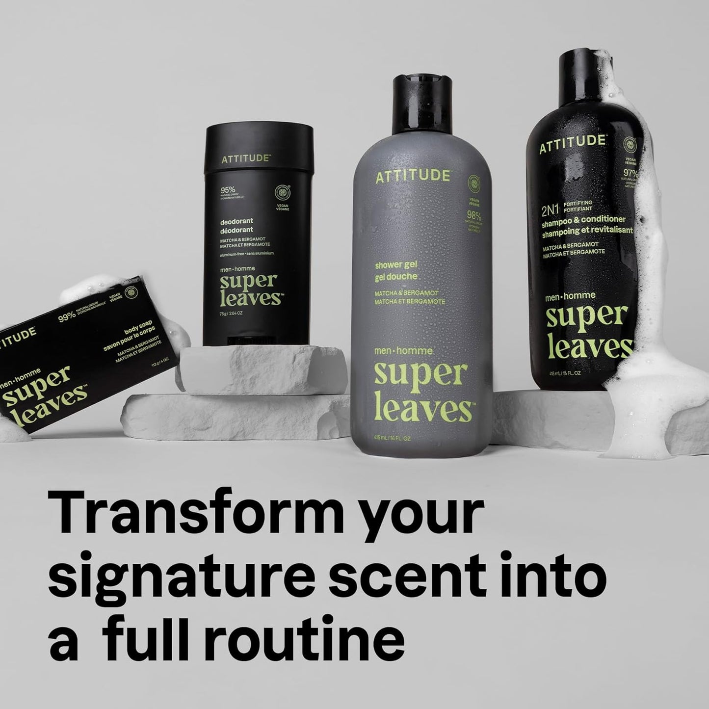 ATTITUDE Shower Gel Body Wash for Men, 98% Natural Origin Ingredients, Paraben & Phthalate Free, EWG Verified, Cleanses Without Drying, Matcha & Bergamot, 14 Fl Oz (Pack of 3)