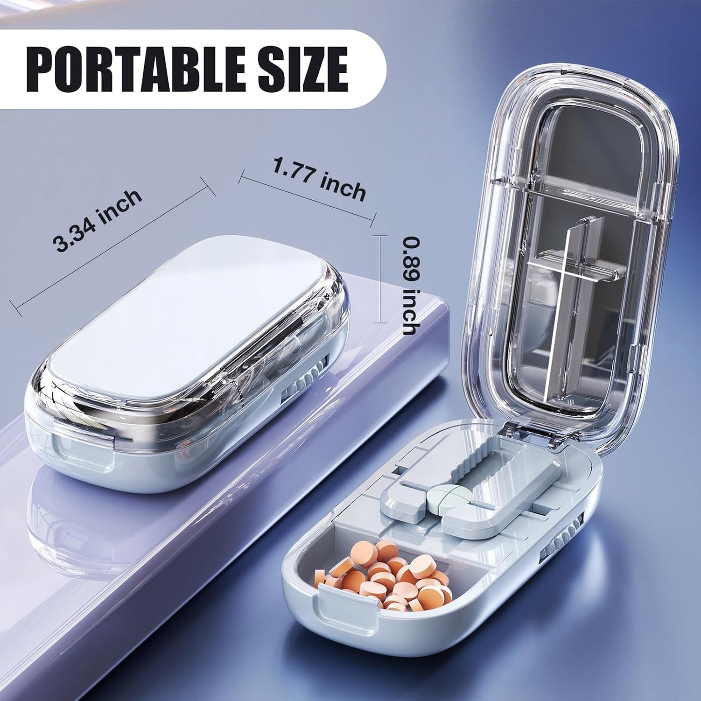 Portable Pill Cutter with Adjustable Slots – Multi Pill Splitter for Small & Large Tablets, Stainless Steel Blade, Clear Cut, Non-Slip Design, Easy to Use for Weekly Medication (Blue, 1/4)