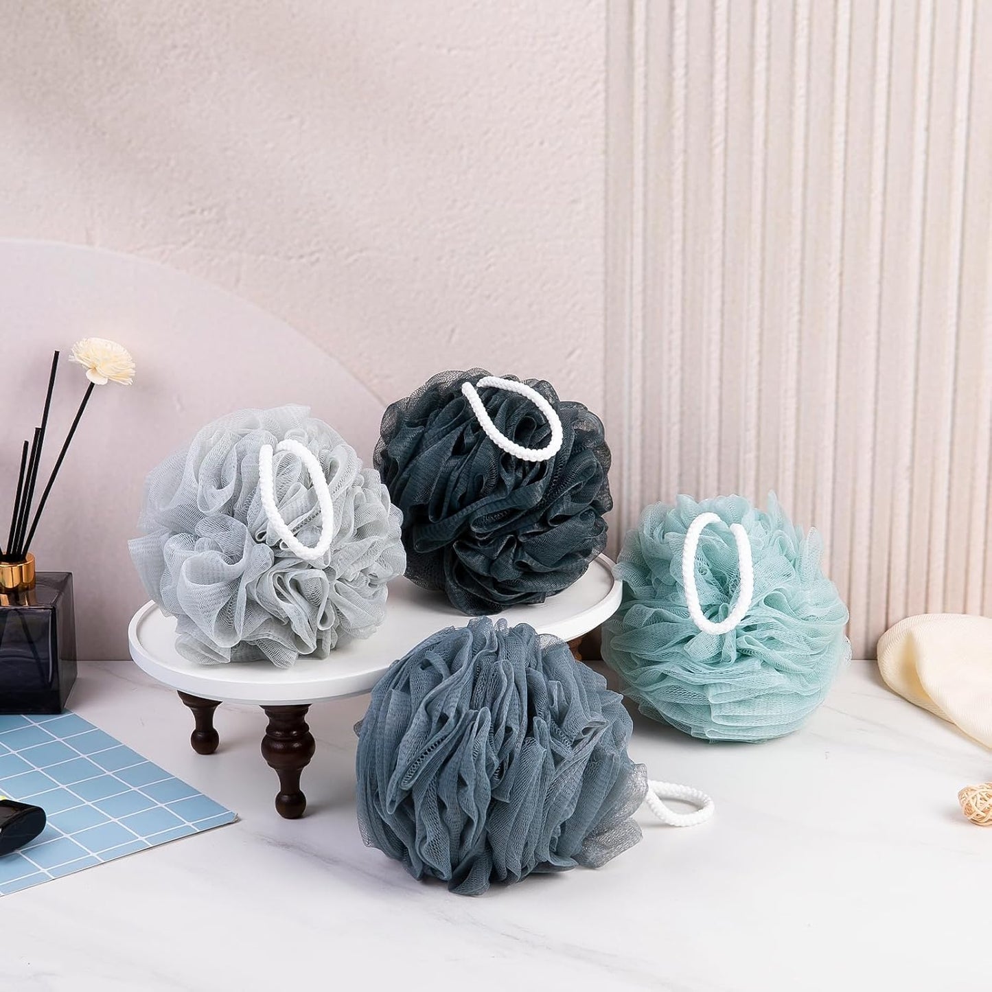 Loofah Sponge XXL-100g 4 Pack, Bath Sponge Soft Mesh Shower Puff Loofah for Men, Exfoliating Body Scrubber for Women, Shower Accessories (Blue Gray)