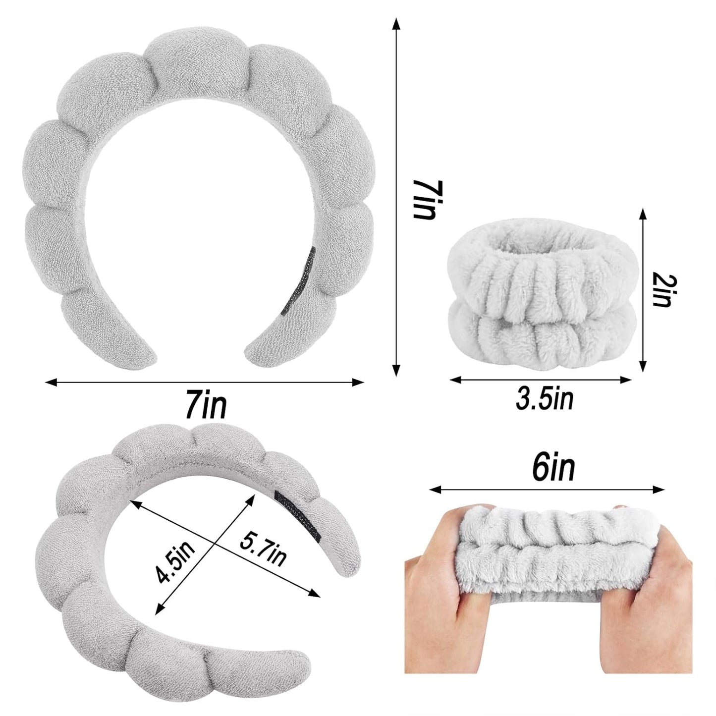 Zkptops Spa Headband for Washing Face Wristband Set Sponge Makeup Skincare Terry Cloth Bubble Soft Get Ready Hairband for Women Girl Puffy Padded Headwear Non Slip Thick Hair Accessory(Grey-2)