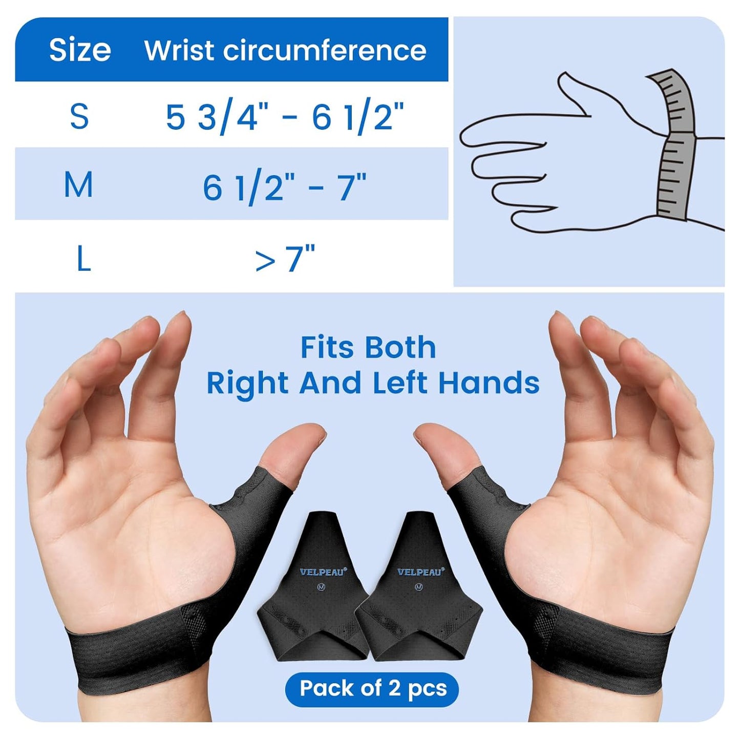 Velpeau Thumb Compression Sleeve for Tendonitis (Pack of 2), Seamless Technology, Gloves Wraps for Arthritis Pain Relief for Women & Men, Splint Liner, Fits Both Hands (Black, Short Version, M)