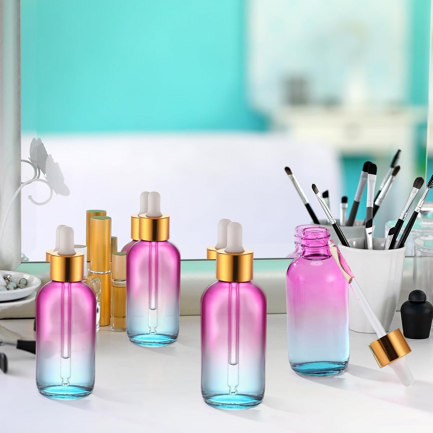 Dandat 50 Pack 4 oz Glass Dropper Bottles Leakproof 120 ml Glass Tincture Bottles with Eye Droppers, 4 Funnels, 54 Labels for Essential Oil Perfumes Hair Oil(Pink Blue Gradient)