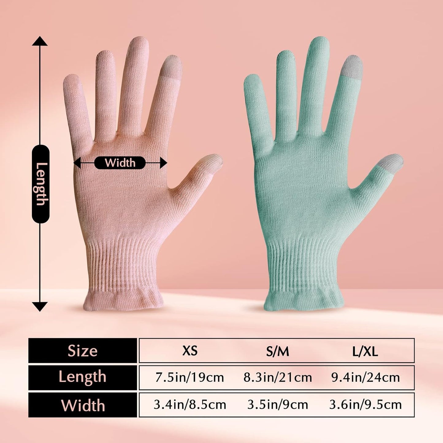 Evridwear Cotton Moisturizing Gloves Overnight Touchscreen for Dry Hands SPA Eczema Hand Care, Day and Night Moisturizing Sleeping Gloves (2 Pairs L/XL, Feather Weight Pink)