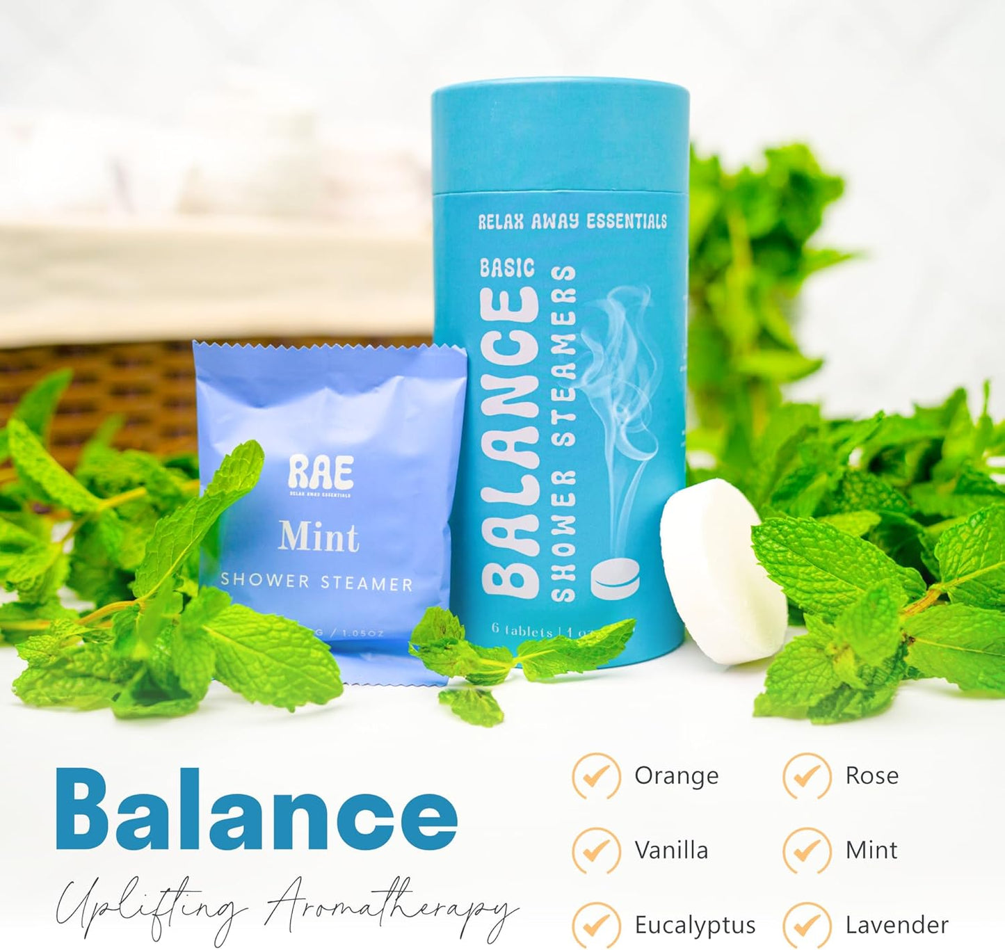 Relax Away Balance Shower Steamers 6 Pack - Aromatherapy Tablets - Essential Oils - Orange, Vanilla, Rose, Eucalyptus, Lavender, Mint - Spa-Like Shower Experience - Easy-Open Packaging