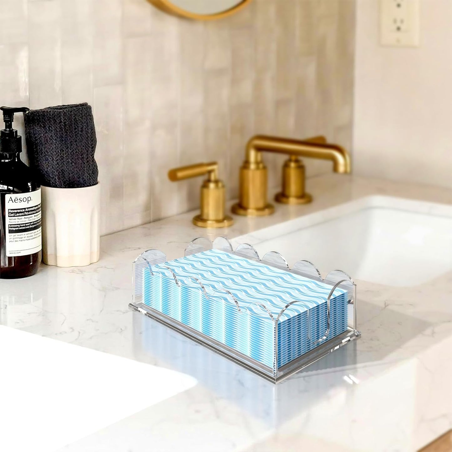 Napkin Holder for Table, Scalloped Acrylic Guest Towel Holder for Bathroom, Clear Waterproof Disposable Paper Hand Towels Lucite Tray for Kitchen Buffet Napkin Caddy for Home Restaurant Party
