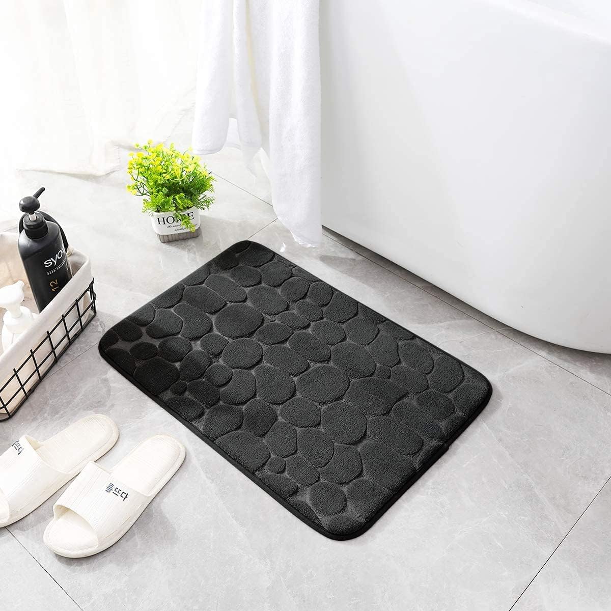 YIHOUSE Memory Foam Bath Mat Cobblestone Bathroom Rugs Super Water Absorbent Bath Mats for Bathroom Machine Washable Bath Rugs(24 x 36,Black)