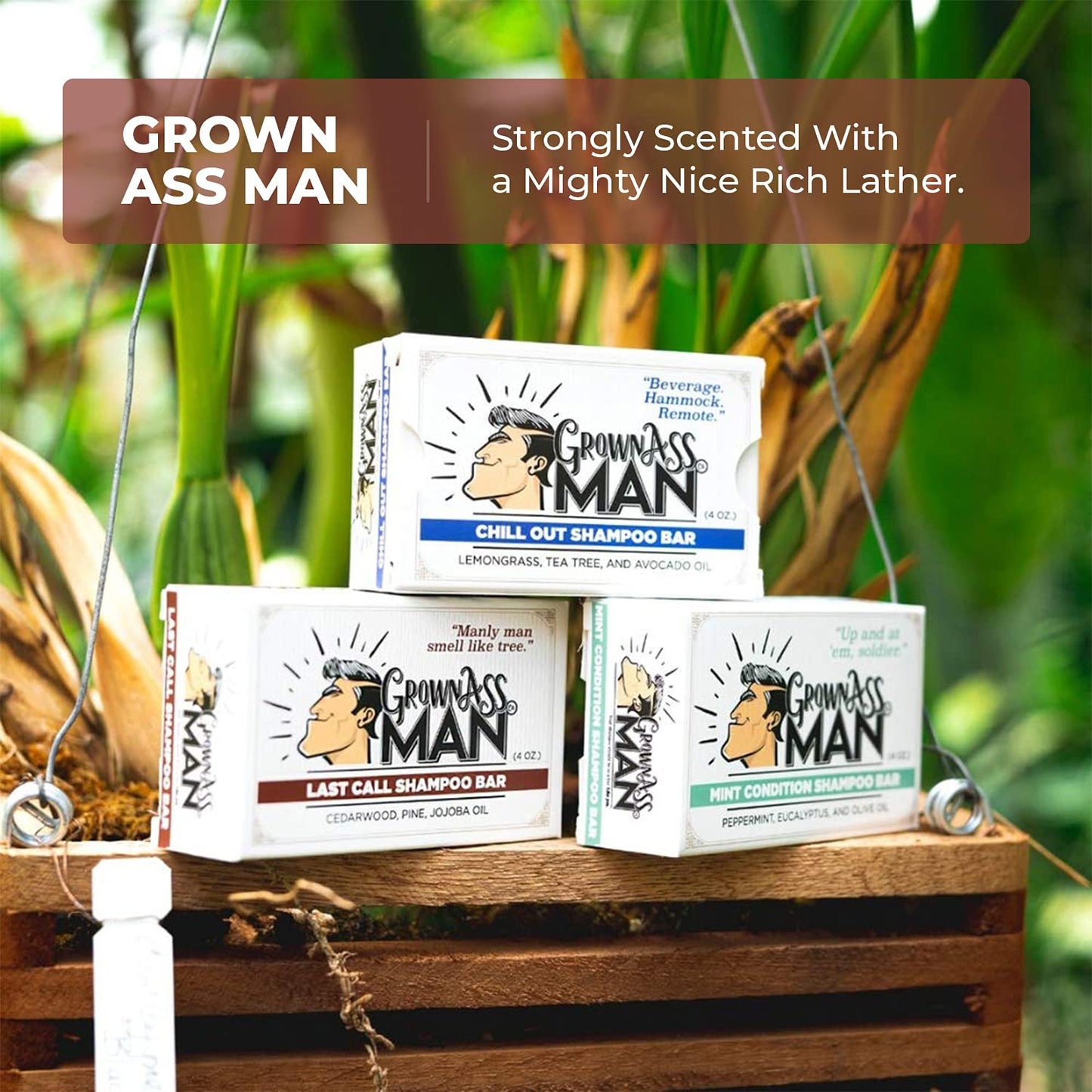 Grown Ass Man Co. - Solid Shampoo Bar Rich Lather 3 in 1: Hair, Beard & Body Wash - Plastic Free & Eco-Friendly, Natural & Organic Clean for All Hair Types, 4oz Bar (Last Call, Single)