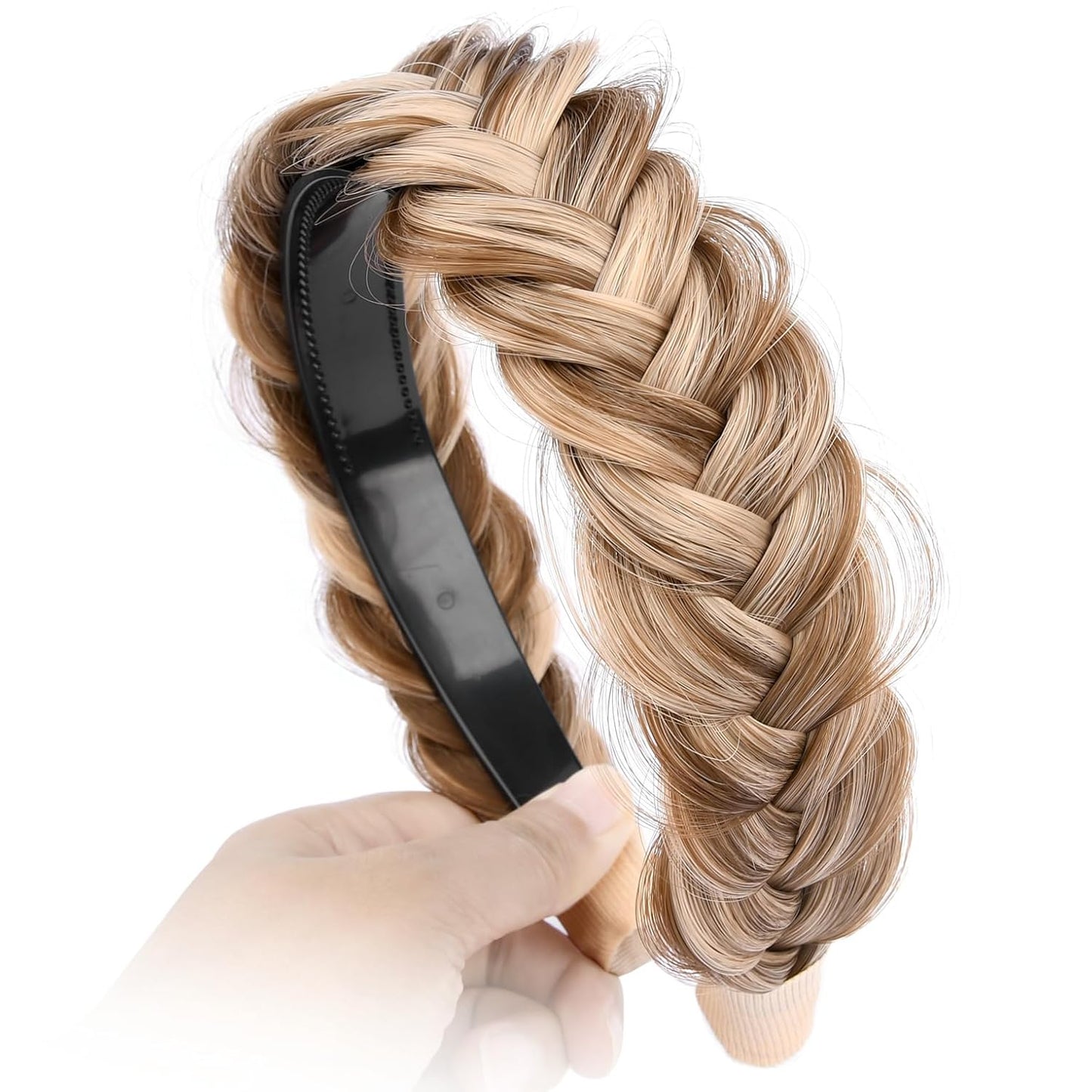 DIGUAN Wide Messy Braided Headband With Teeth Synthetic Hair Plaited Headband High Elasticity Braids Chunky Fishtail Braided Hair Band Hairpiece for Girls Women (Highlighted)