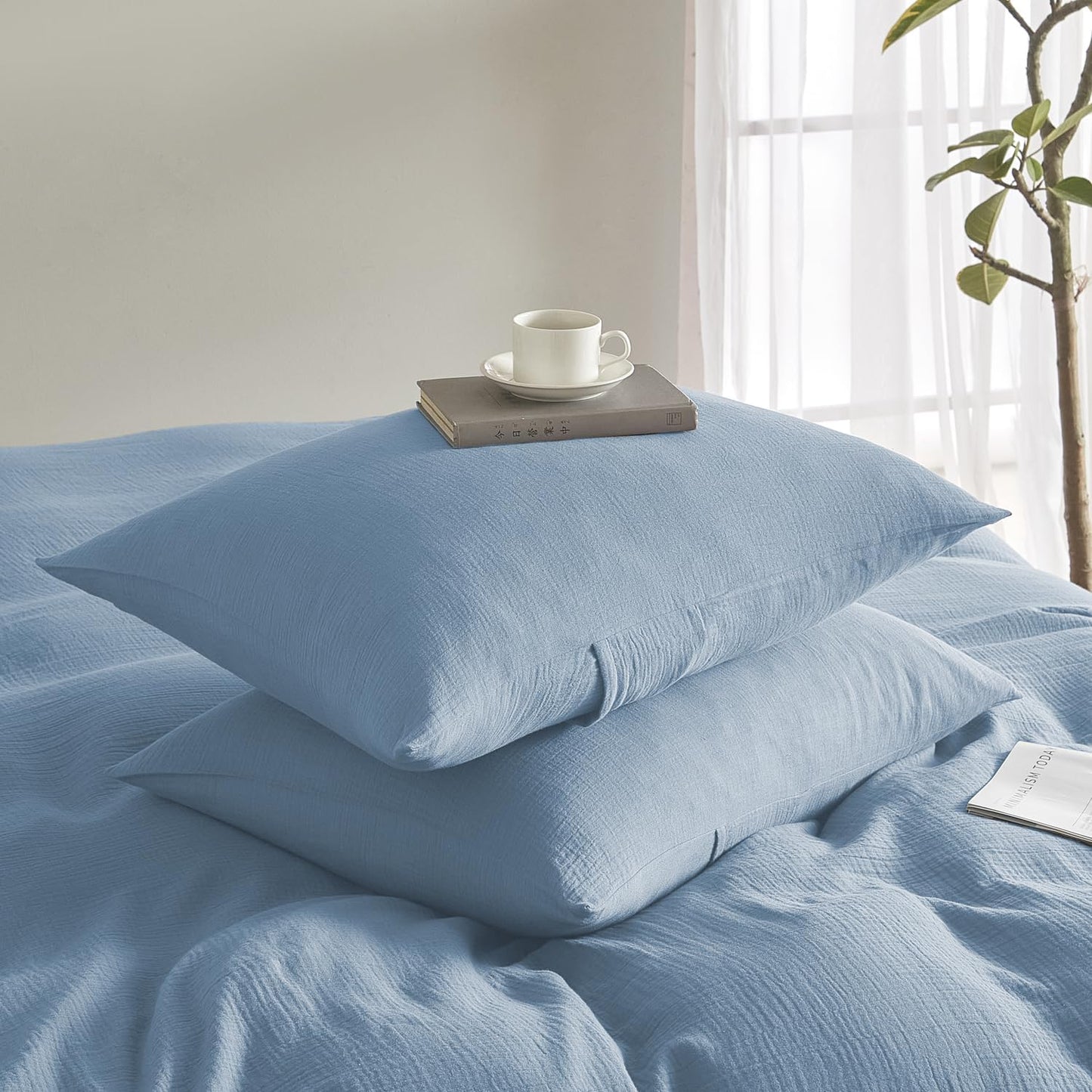 SE SOFTEXLY Muslin Pillowcases Queen Size 100% Cotton, 2 Pack Linen Like Pillow Shams with Envelope Closure, Ultral Soft and Breathable Pillow Case Covers, Blue, 20" X 30", No Filling