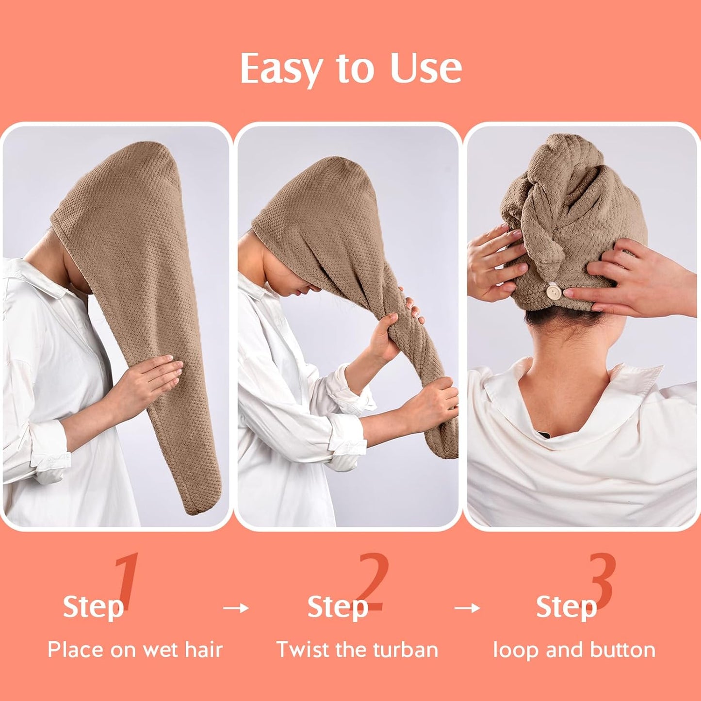 YFONG 2 Pack Microfiber Hair Towel Wrap for Women, Super Absorbent Quick Dry Hair Turban for All Hair Style Anti Frizz, Large Hair Drying Towel with Button