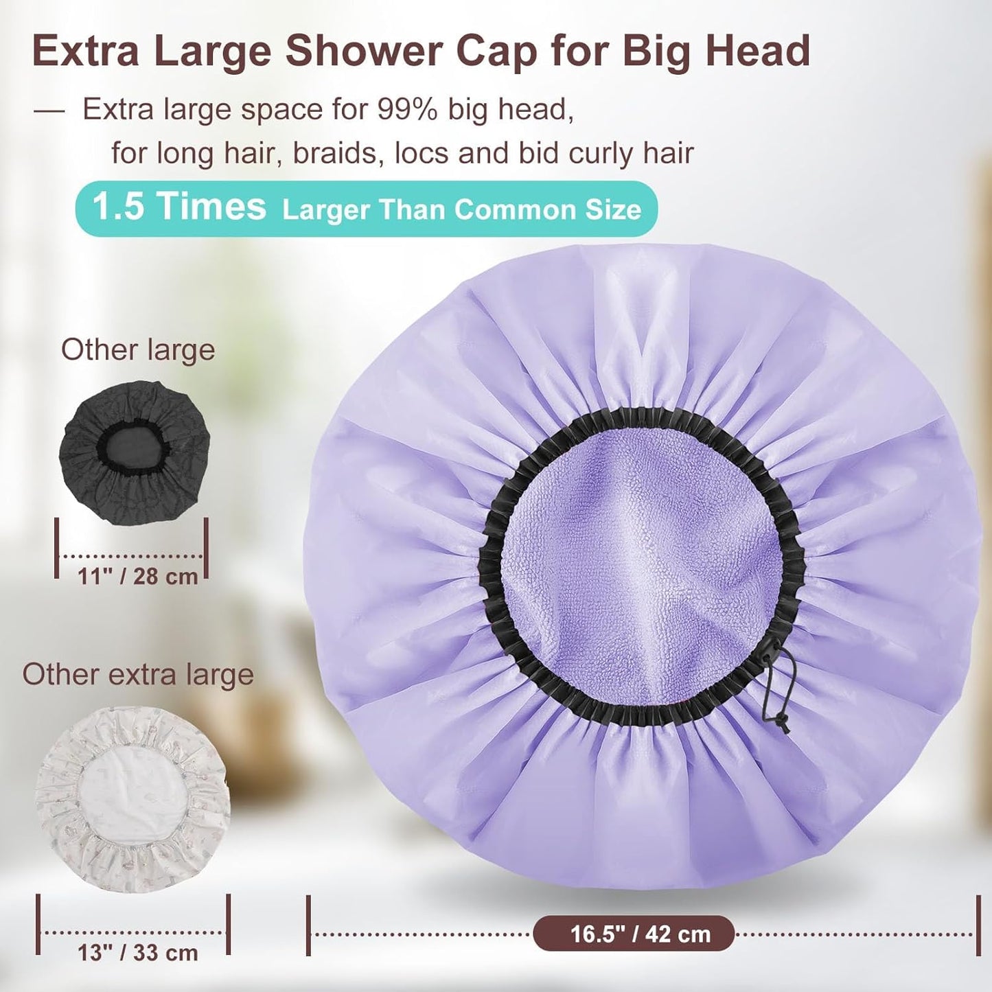 2 Pcs 15" XL Extra Large Terry Lined Shower Cap, Adjustable Dual Waterproof Shower Cap for Women Reusable Soft Hair Cap Bath Cap for Long Braids, Thick Hair, Locs, Curly Hair