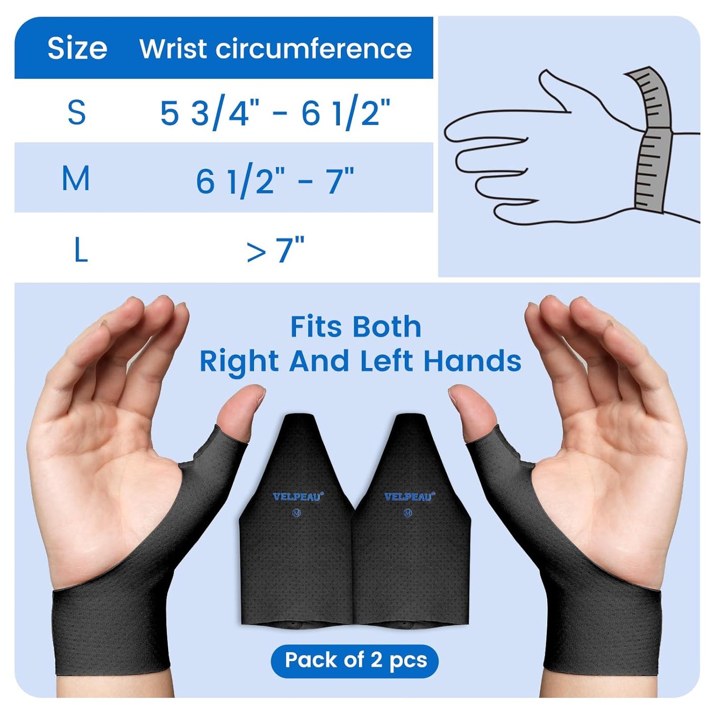 VELPEAU Thumb and Wrist Compression Sleeve for Tendonitis (Pack of 2), Seamless Technology, Gloves Wraps for Arthritis Pain Relief for Women & Men, Splint Liner, Fits Both Hands (Black, Long Version, L)