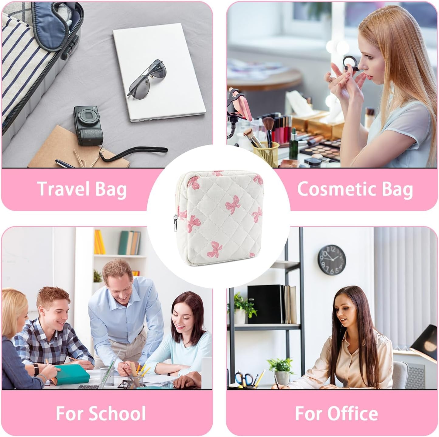 Small Quilted Cotton Makeup Bag for Purse Mini Cosmetic Period Bag for Women Cute Pink Bow Makeup Sanitary Pouch Portable Travel Toiletry Bags with Zipper Slip in Pockets Birthday Gifts