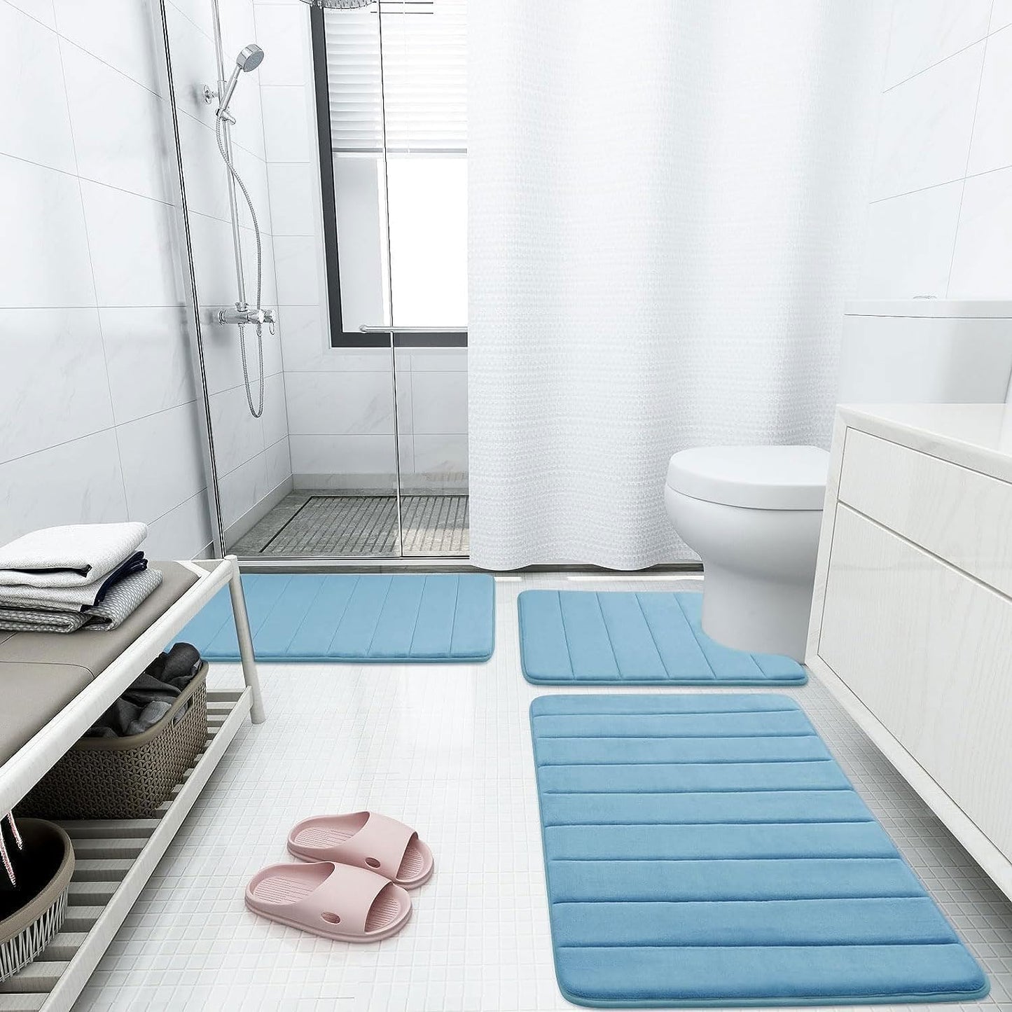 Buganda Memory Foam Bath Mat, 59" x 34", Ultra Soft and Non-Slip Bathroom Rugs, Water Absorbent and Machine Washable Bath Rug Runner for Bathroom, Shower, and Tub, Blue