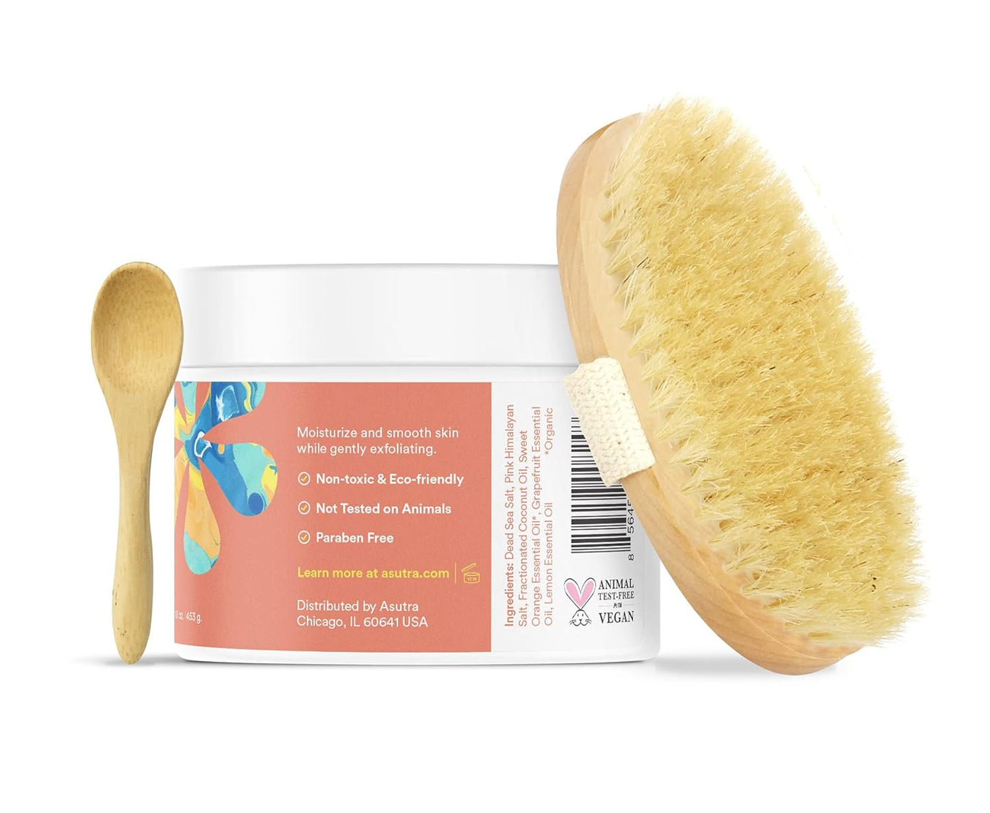 ASUTRA Dead Sea Salt Essential Oil Body Scrub Exfoliator and Dry Brush Bundle (Vitamin C), 16 oz - Ultra Hydrating, Gentle, & Moisturizing - Coconut, Sweet Orange, Grapefruit, and Lemon Oils