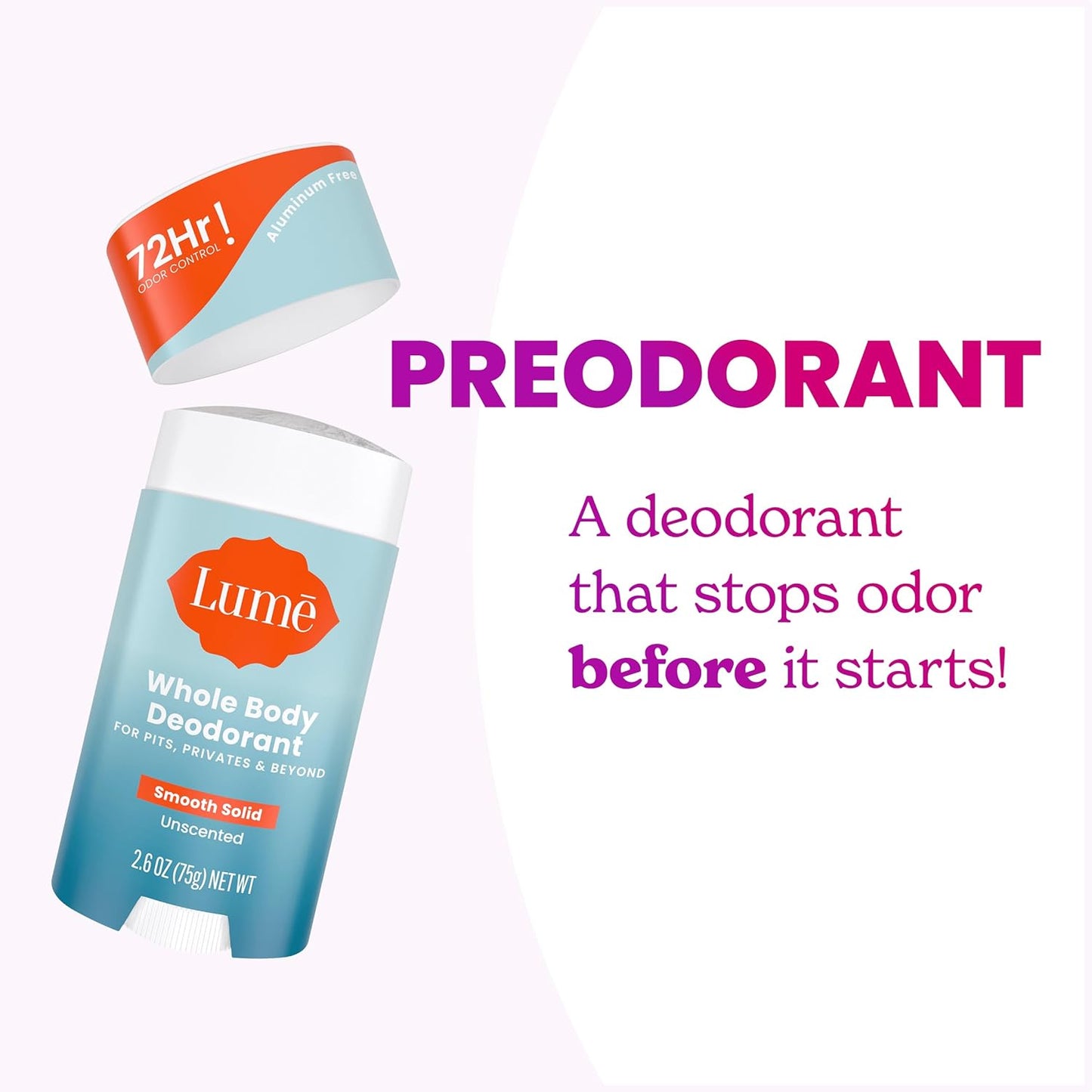 Lume Whole Body Deodorant - Smooth Solid Stick - 72 Hour Odor Control - Aluminum Free, Baking Soda Free and Skin Loving - 2.6 Ounce (Pack of 3) (Unscented)