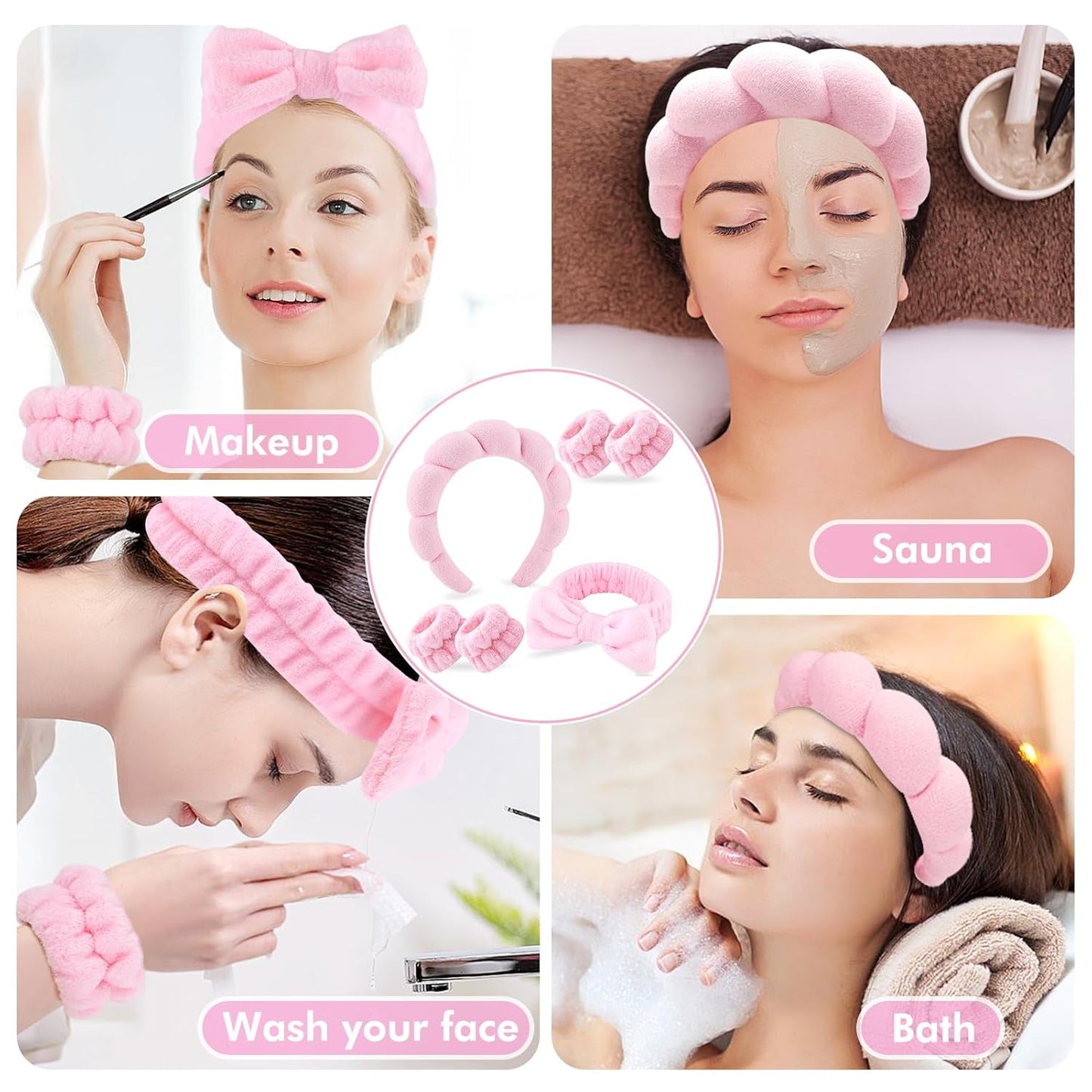 Zkptops 6Pcs Spa Headband for Washing Face Wristbands Set Women Bubble Skincare Makeup Sponge Terry Cloth Padded Puffy Headband Bow Tie Hairband Cute Non Slip Thick Hair Accessory Gifts(Pink)