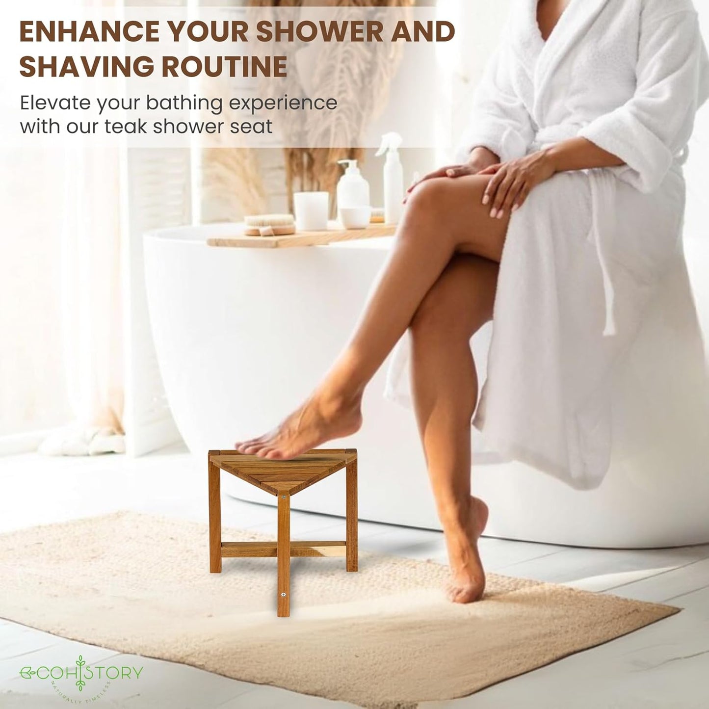 Eco History Shower Stool for Shaving Legs – 12 Inch Natural Acacia Shower Wooden Stool – Corner Foot Rest with Non-Slip Rubber Feet – Bench Seat Bathroom Organizer – Folding Design
