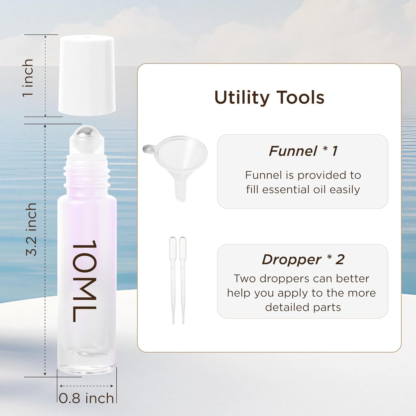 Essential Oil Roller Bottles, 10ml Thick Glass Perfume Roller Bottles with Funnel Opener and Dropper Colored Glass Empty Bottles with Stainless Steel Roller Balls (White, 12 Pack)