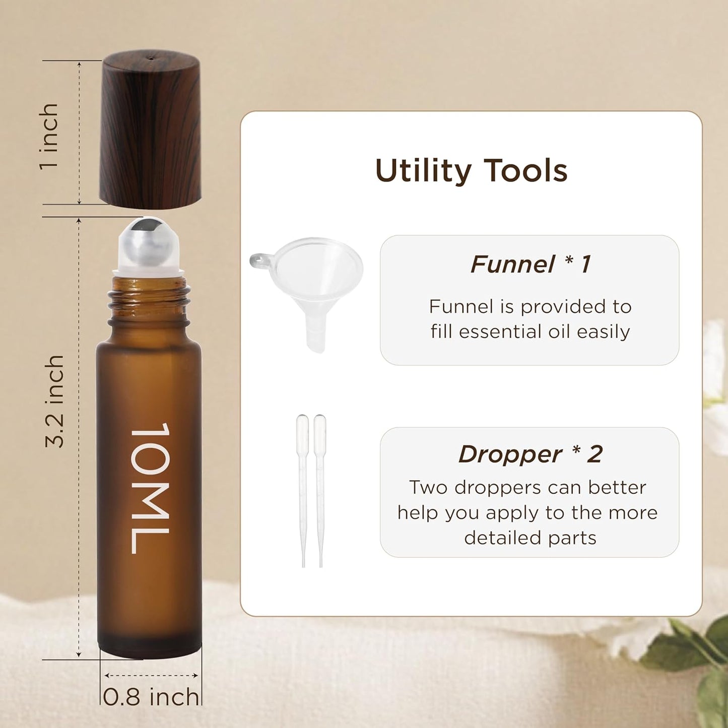 Essential Oil Roller Bottles, 10ml Thick Glass Perfume Roller Bottles with Funnel Opener and Dropper Amber Glass Empty Bottles with Stainless Steel Roller Balls (Amber, 4 Pack)