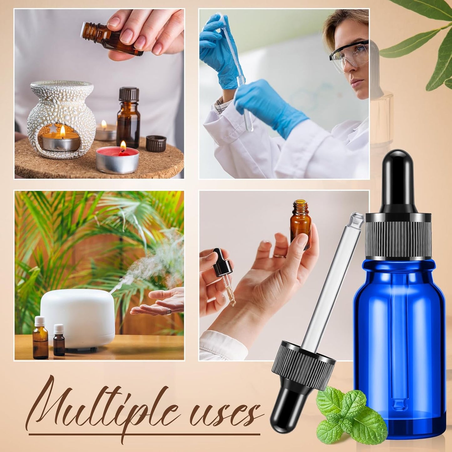 Lallisa 100 Pack Essential Oil Dropper Bottle 15 ml (1/2 Oz) Glass Dropper Bottles DIY for DIY Essential Oil Perfume with 5 Funnels 5 Pipettes 3ml 100 Labels for Bathrooms, Hotels, Labs (Blue)