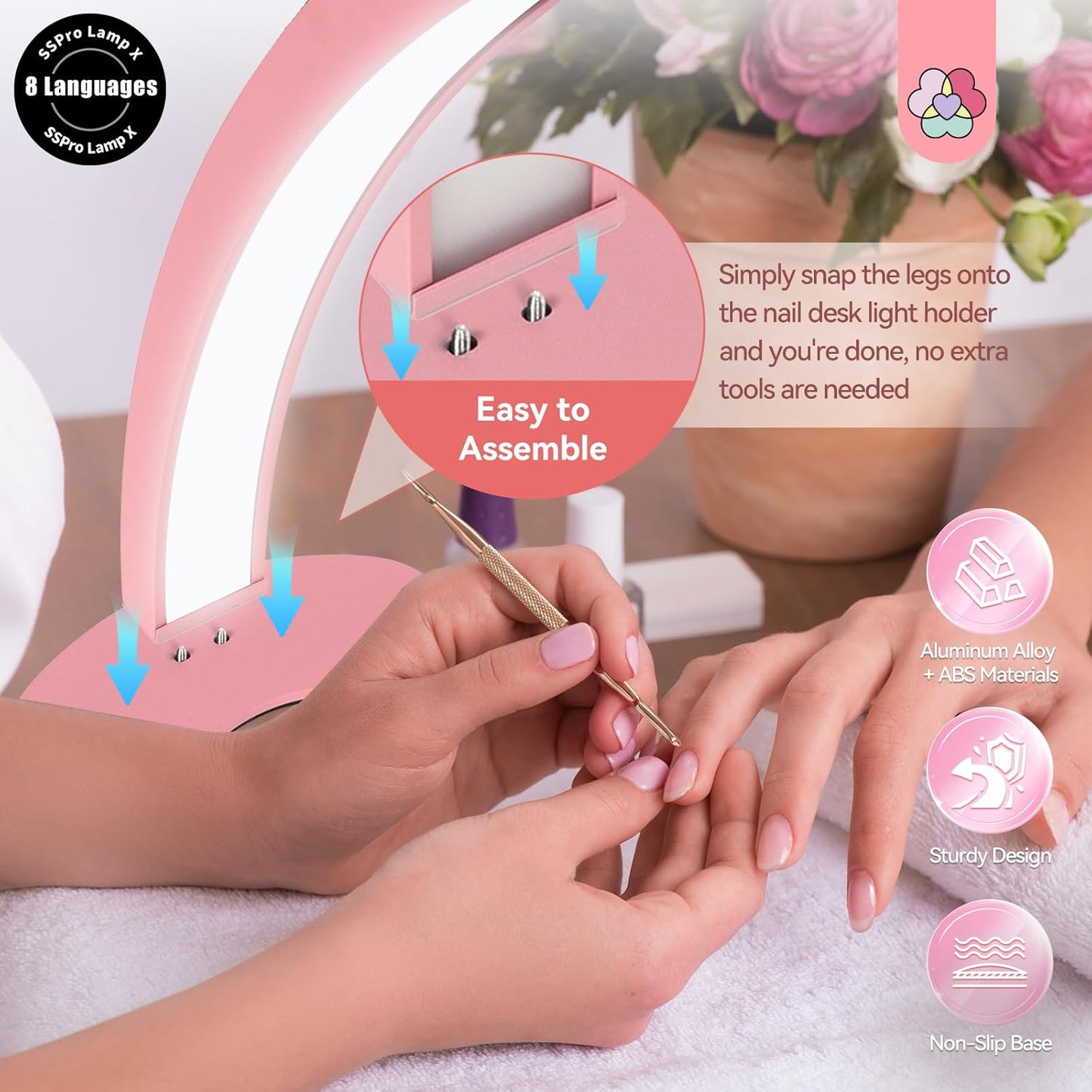 SAVILAND Half Moon Nail Light for Desk: Pink 48W 29In 8 Languages Display Screen Halfmoon Light with Phone Holder 3000-6000K Adjustable Aliminium 76 * 6 * 64cm Desk Light Nail Desk Lamp for Nail Art