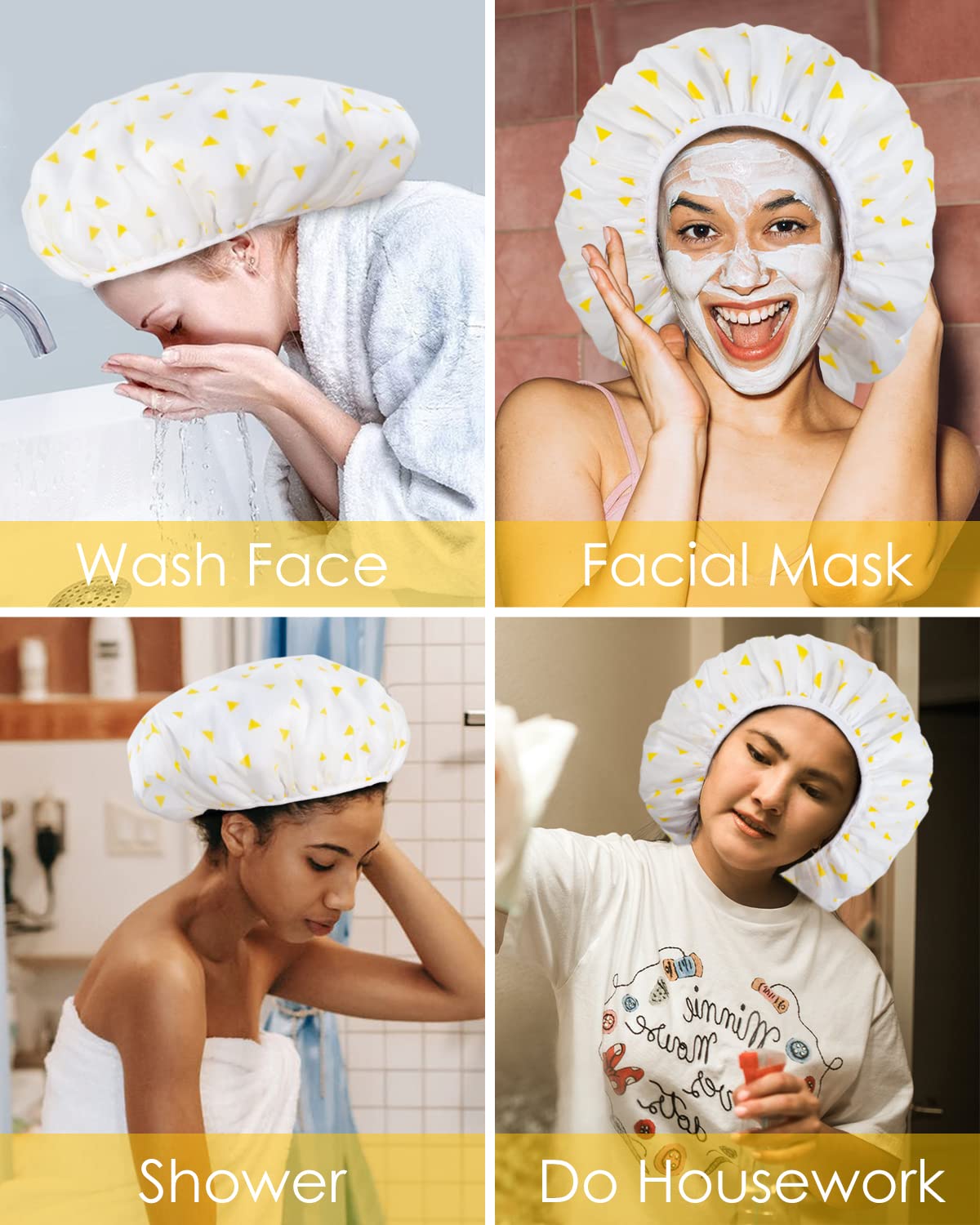 Auban Shower Cap, Shower Cap for Women Terry Cloth Lined EVA Exterior Reusable Double Layer Waterproof, Large Bath Hair Cap for All Hair Lengths (Yellow)