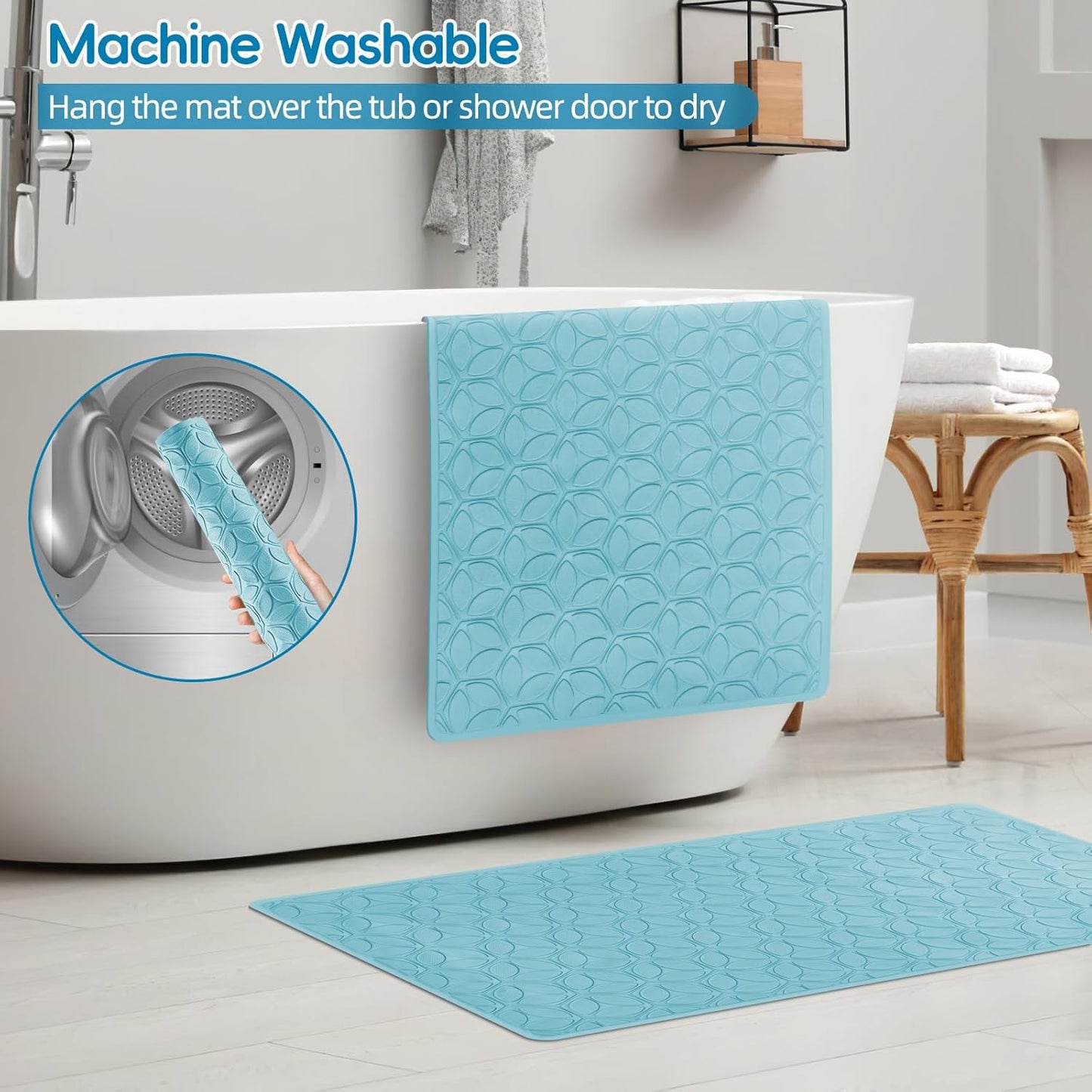 WRISIN Bathtub Mat Non Slip with Suction Cups - 100% Rubber Bathroom Mat Textured for Bath Tub Shower Safety - Soft on Touch - BPA/PVC Free - Pet Dog Bath Mat - Machine Washable - 17 × 35 Inch(Blue)