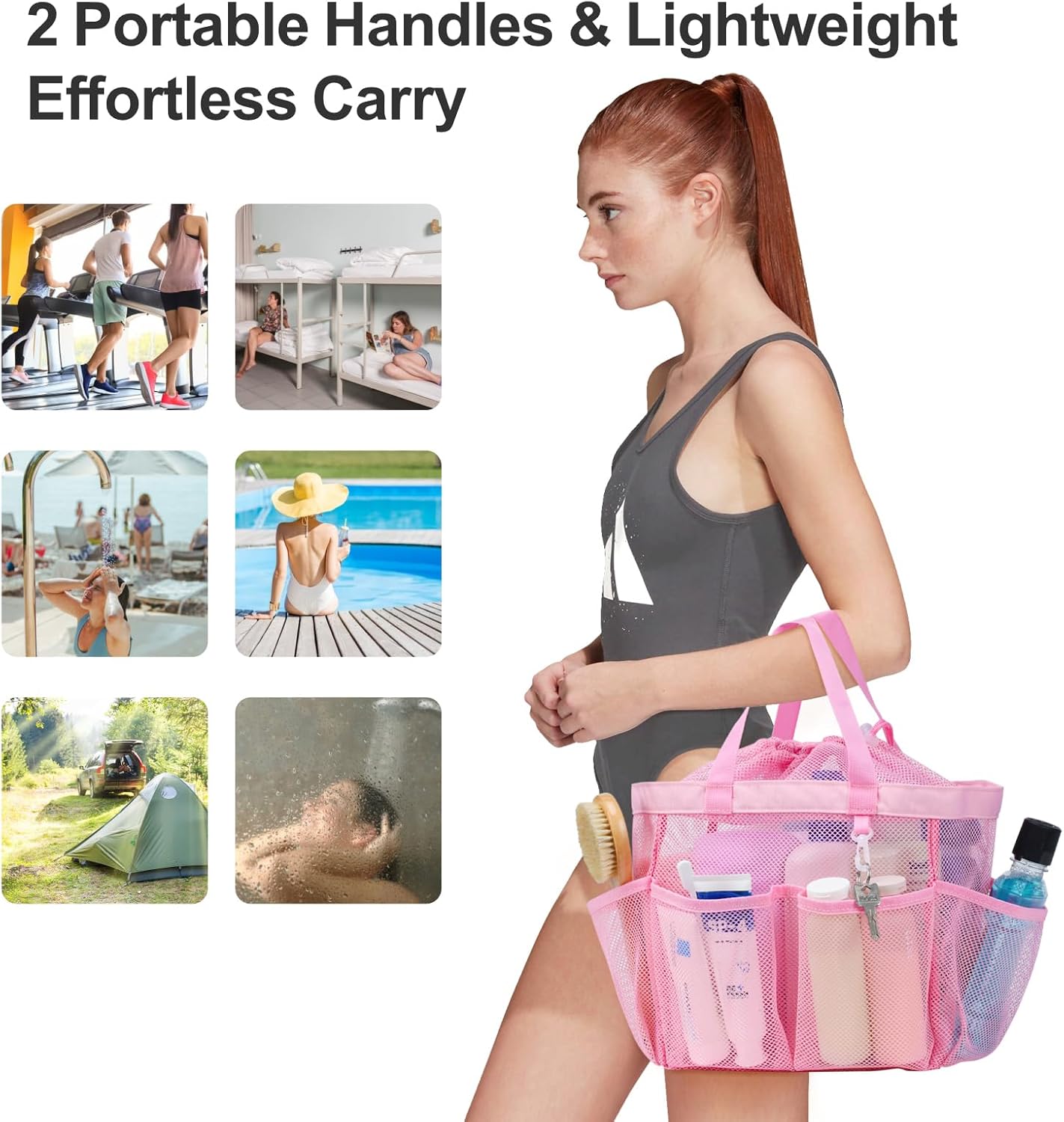 F-color Mesh Shower Caddy Portable with Drawstring - Upgrade Deeper 7 Pockets Dorm Room Essentials for Guys Girls with S Hook, Shower Bag Basket Tote for College Camping Bathroom, 2 Pack Pink