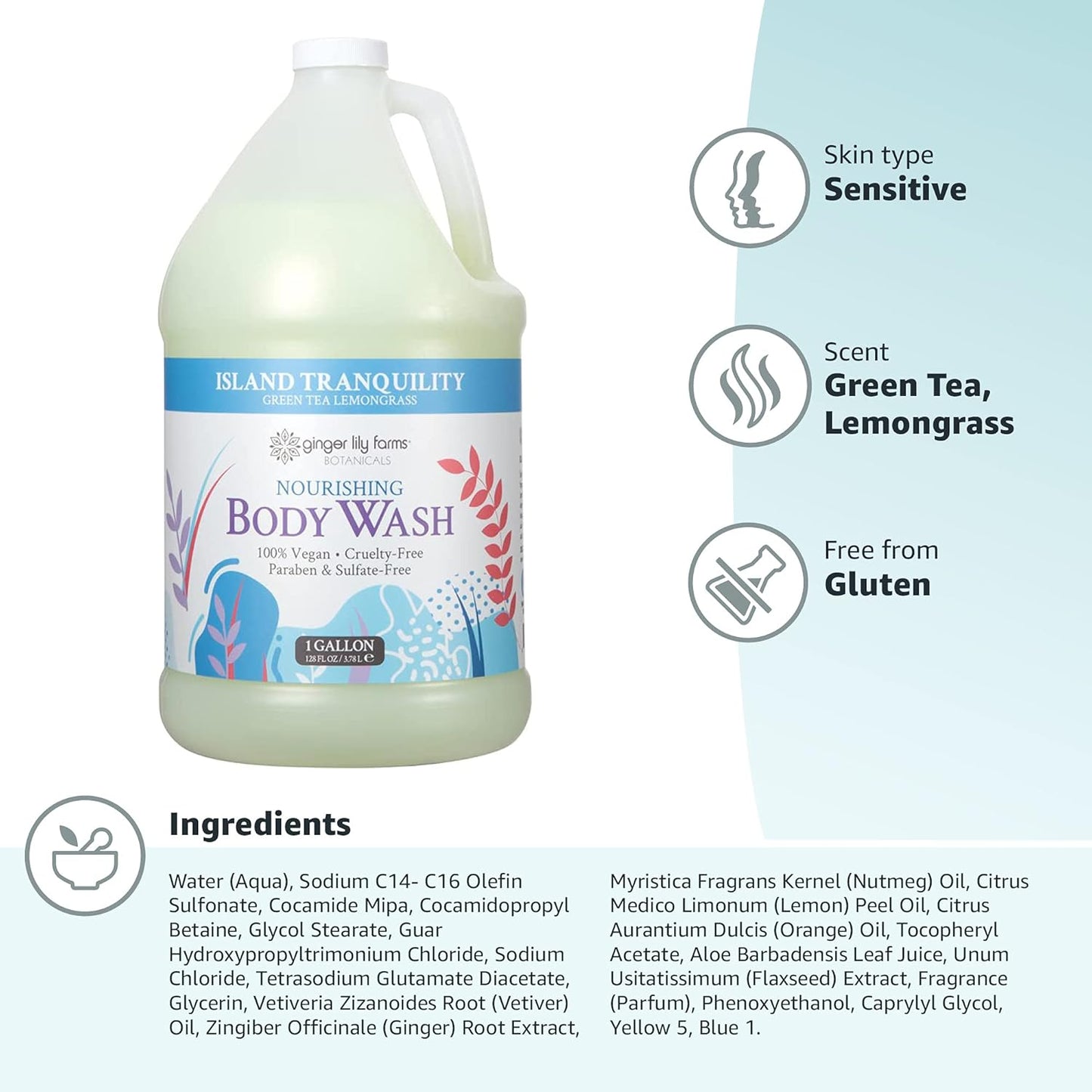 Ginger Lily Farms Botanicals Nourishing Body Wash, Island Tranquility, 100% Vegan & Cruelty-Free, Green Tea & Lemongrass Scent, 1 Gallon Refill (128 fl. oz.) (Pack of 2)