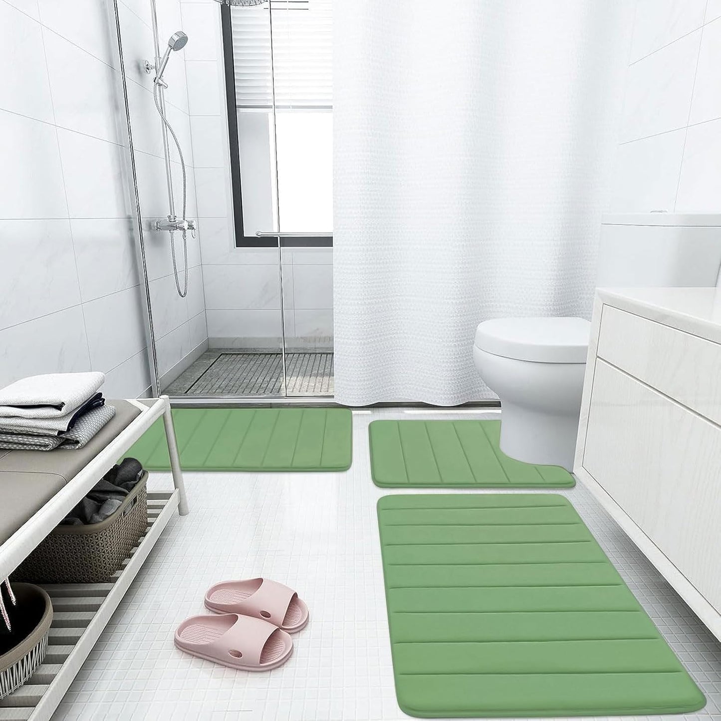 Buganda Memory Foam Bath Mat, 47" x 24", Ultra Soft and Non-Slip Bathroom Rugs, Water Absorbent and Machine Washable Bath Rug Runner for Bathroom, Shower, and Tub, Olive Green