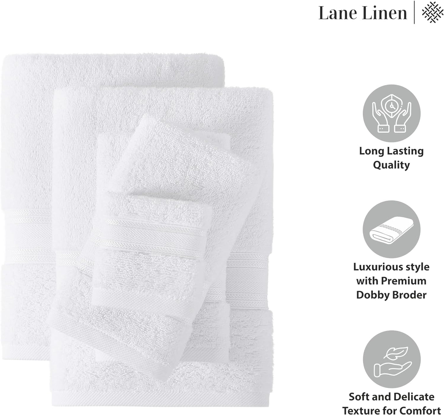 LANE LINEN 100% Mercerized Cotton Luxury Bathroom Towel Set - 18 Pcs - Super Soft, Fluffy & Highly Absorbent - 6 Bath Towels, 6 Washcloths, 6 Hand Towels - Complete Family Pack - White Bath Towel Set