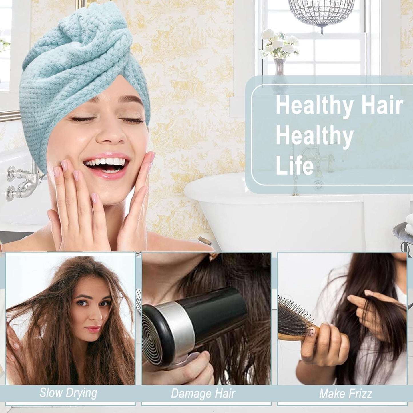 3 Pack Microfiber Hair Towel Wrap for Women, Fast Drying Hair Turban with Button, Anti-Frizz Large Hair Towel for All Hair Styles, Soft & Absorbent Hair Drying Towel