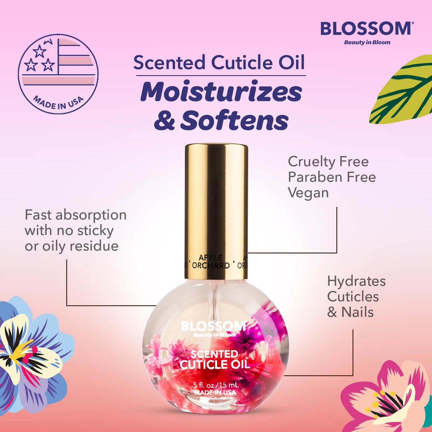 Blossom Cuticle Oil for Nails, Hydrating, Moisturizing, Scented Nail Oil Cuticle Care, Infused with Real Flowers, Made in USA, 0.5 fl. oz, Apple
