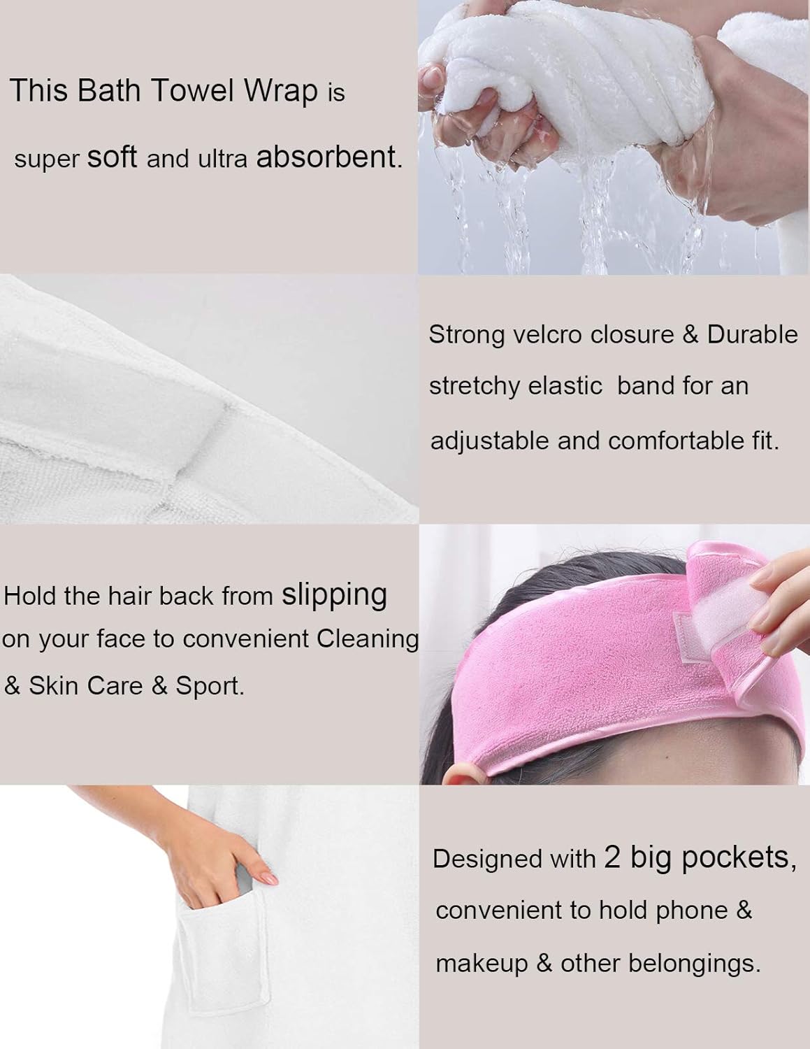 Veseacky Women Bath Wrap Towel for Womens Shower with Pocket Adjustable Spa Robe & Facial Headband