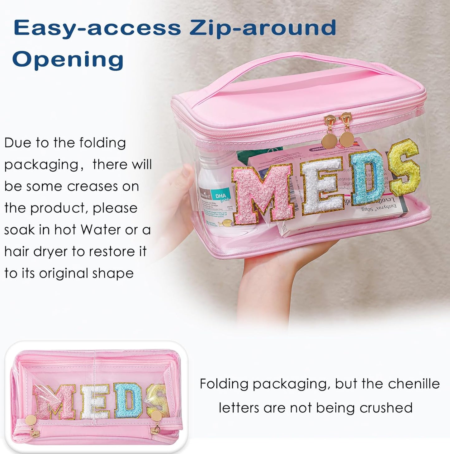 Personalized Chenille Letter Clear Hair Makeup Bag, Large Size Waterproof Nylon Cosmetic Toiletry Storage bag with Top Handle, Transparent Meds Hair Travel Organizer Cosmetic Bag(06Hair-Pink)