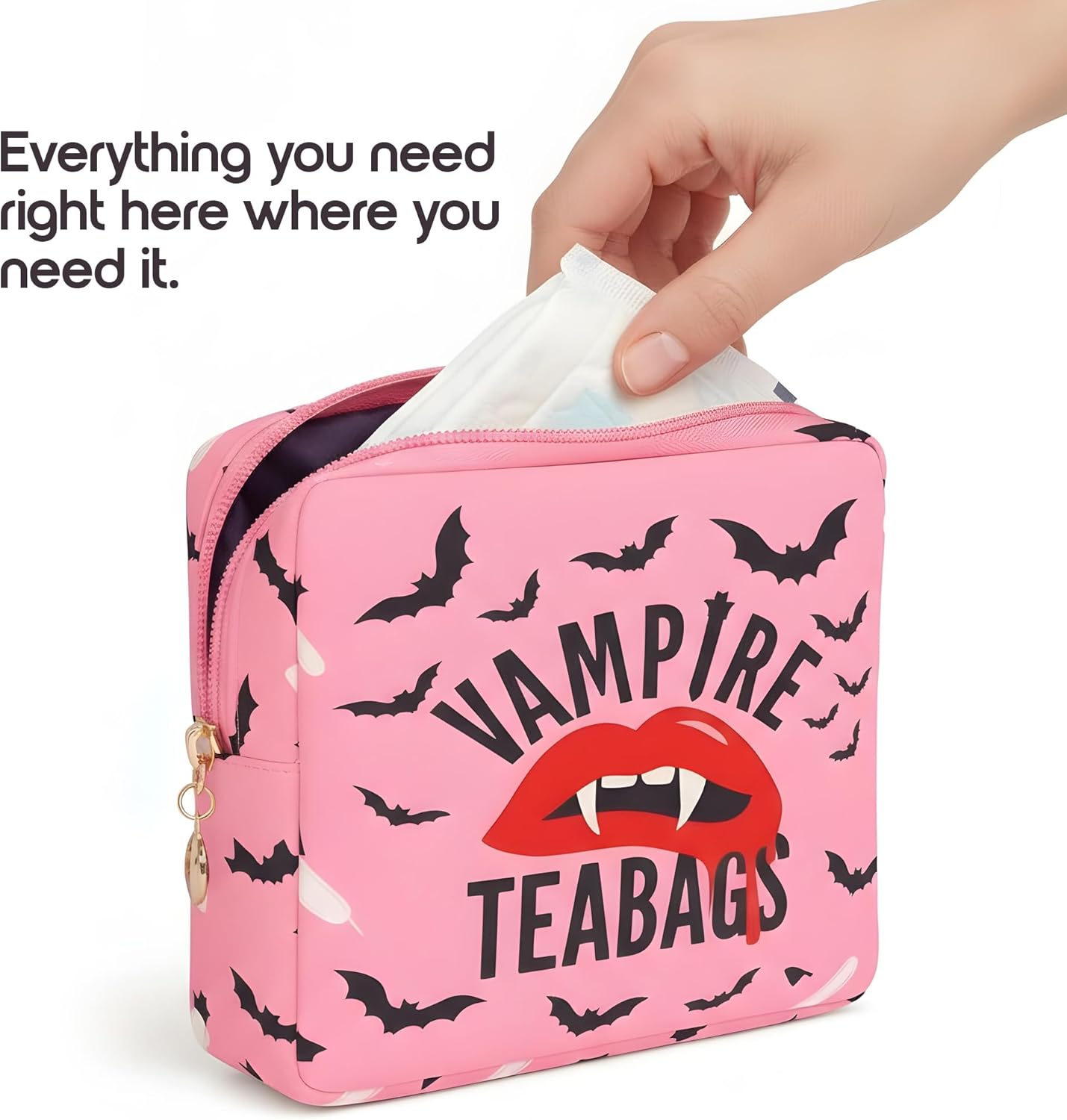 Primo Lines Period Bag for School – Compact Discreet Tampons & Pad Pouch with Waterproof Lining, Cute & Stylish Period Pouches for Teen Girls for School and Travel, First Period Kit (Vampire Teabags)