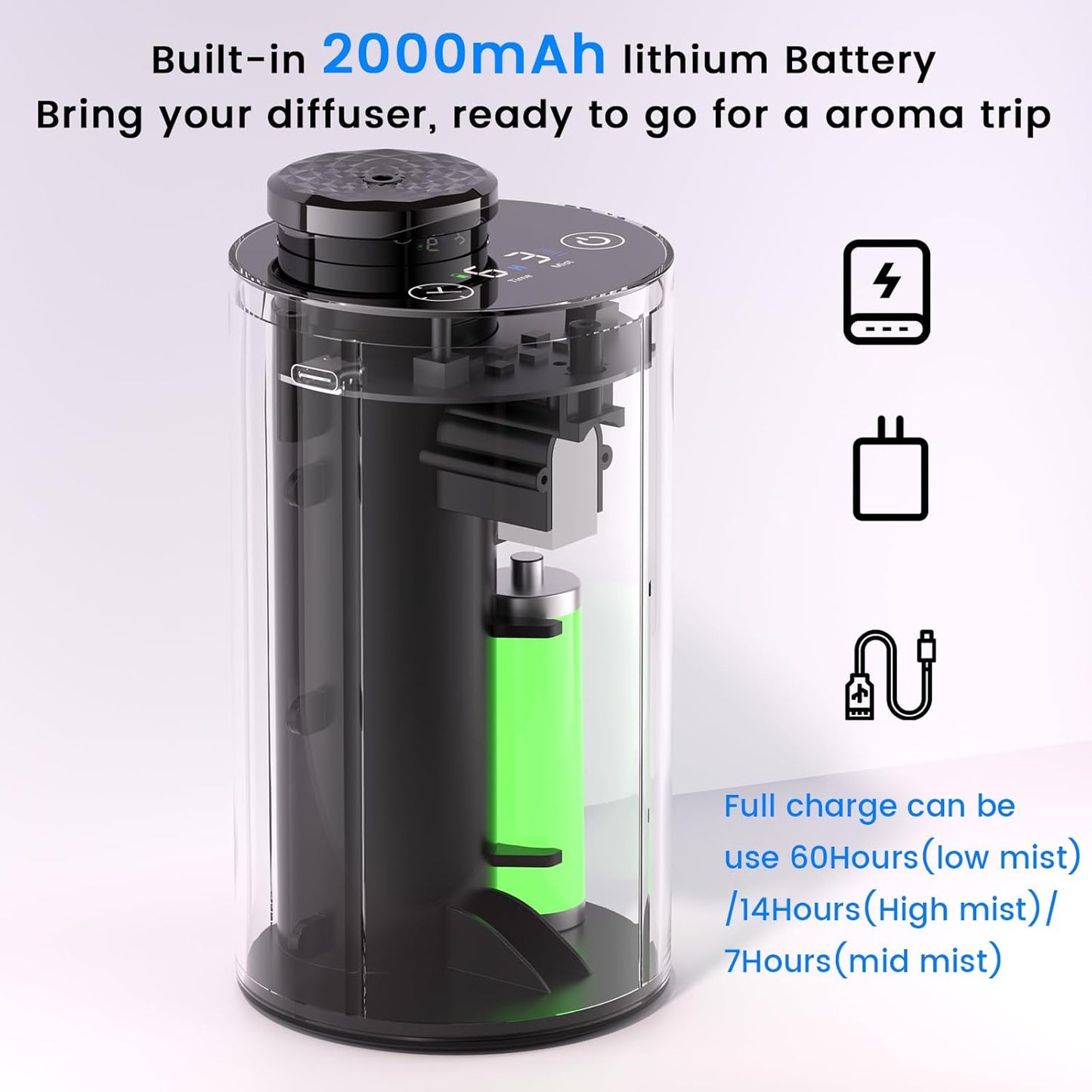 Diffuserlove Waterless Essential Oil Diffusers Car Aromatherapy Diffuser Rechargeable Travel Cordless Air Diffuser for Home Room Office Portable Scent Machine Metel Black