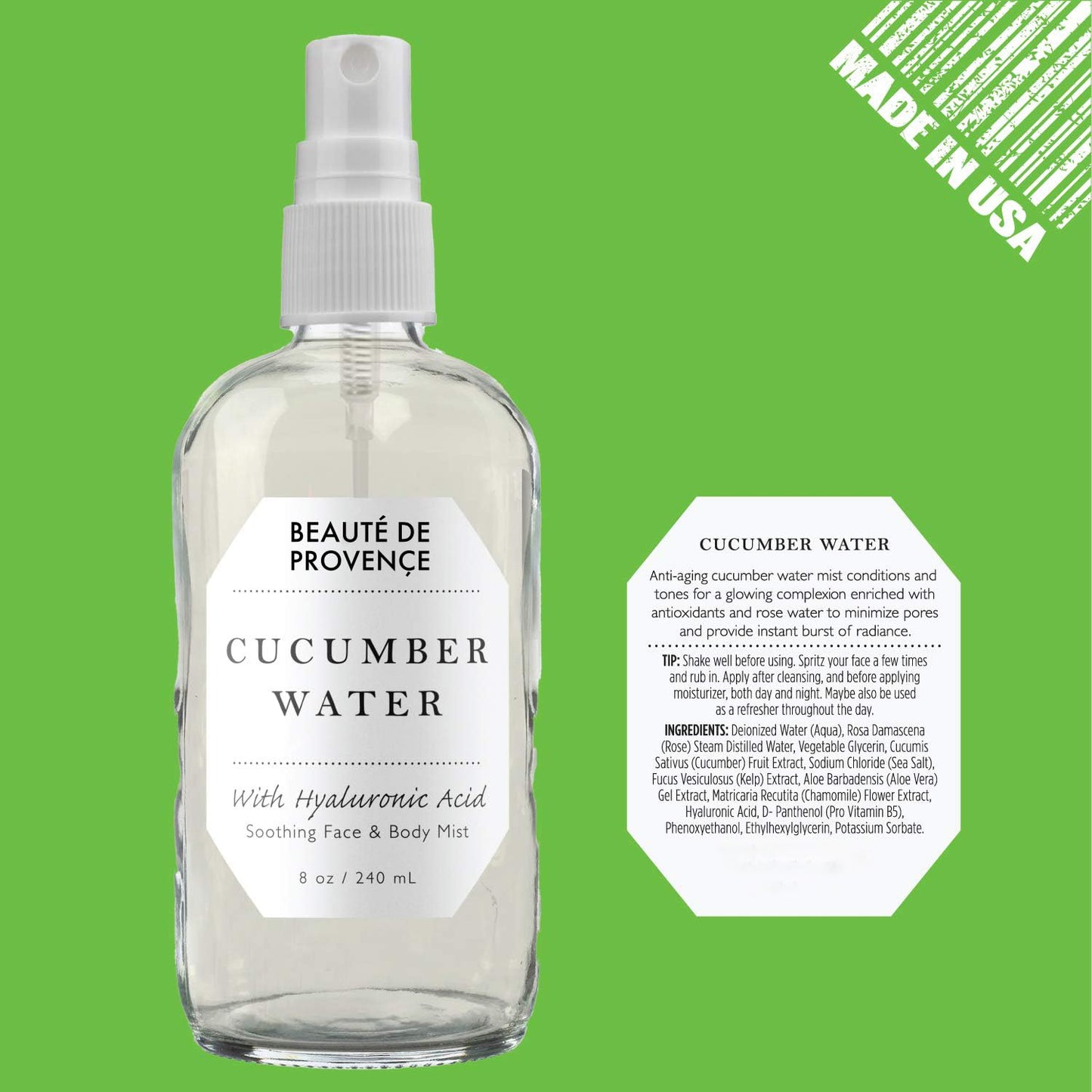 BEAUTE DE PROVENCE | Face & Body Mist Spray - Soothing Cucumber Water With Moisturizing Hyaluronic Acid | Instant Soothing, Cooling, Conditioning | 8 FL OZ