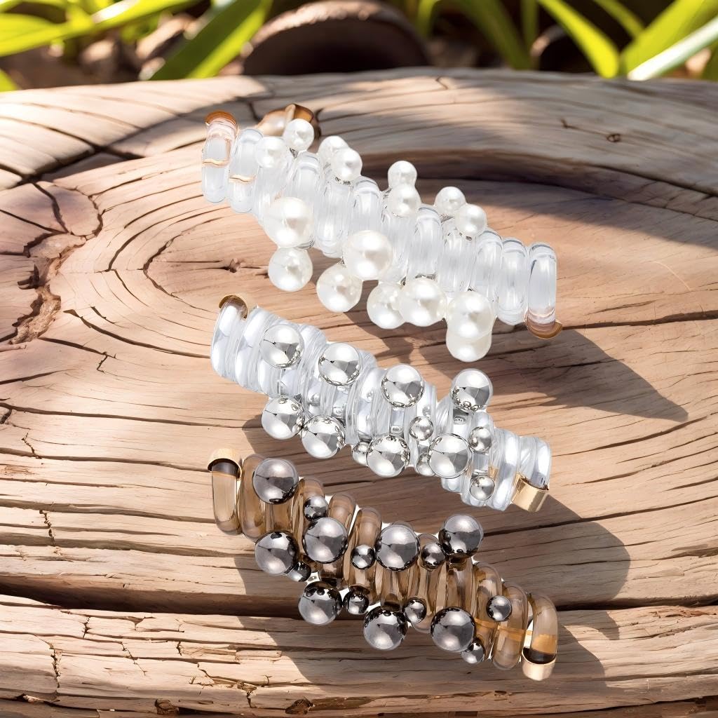 12PCS Spiral Hair Ties with Pearl Beads, Phone Cord Shape Elastic Bands, 3 Colors, No Crease Ponytail Holders for Long Curly Hair