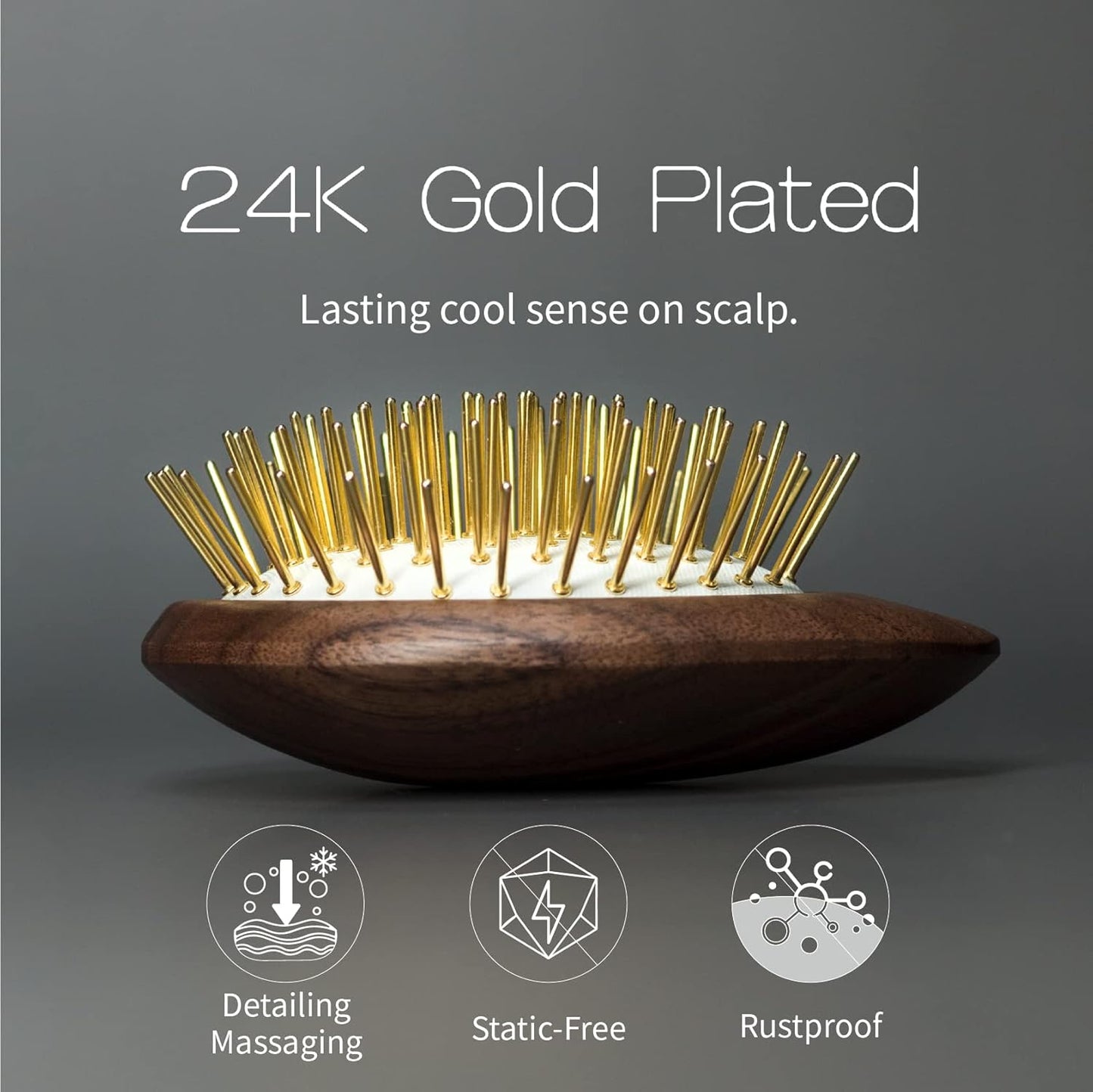 Uffy Acubrusher – 24K Gold-Plated Gua Sha Hair Brush - Ergonomic Scalp Massager for Dandruff & Hair Growth, Suitable for All Hair Types - Ideal Gift Choice in Walnut Wood