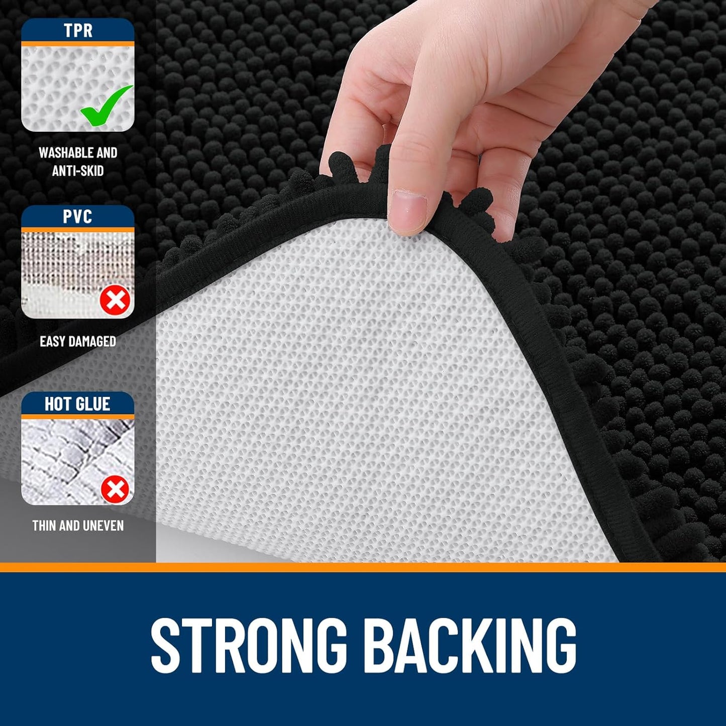 OLANLY Bathroom Rugs 59x20, Extra Soft Absorbent Chenille Bath Rugs, Rubber Backing Quick Dry, Machine Washable Bath Mats for Bathroom Floor, Tub and Shower, Home Decor Accessories, Black