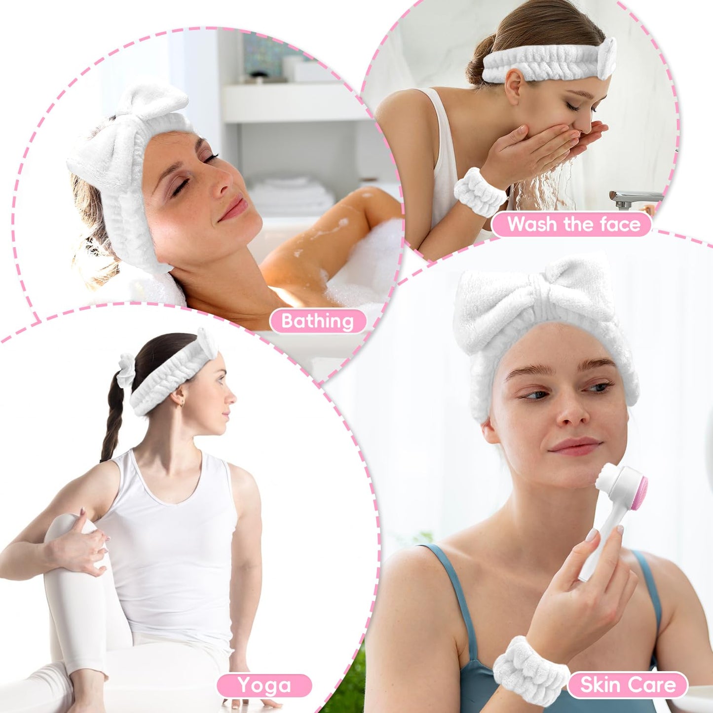 Spa Headband for Washing Face, Skincare headband and wristband set, Facial Cleansing Brush, 2-in-1 Skin Care face Brush, Come with a Hair Scrunchie, For Massaging Makeup Skincare-White