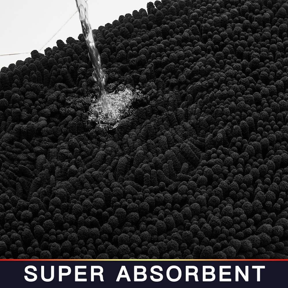 Walensee Bathroom Rug Non Slip Bath Mat (32x20 Inch Black) Water Absorbent Super Soft Shaggy Chenille Machine Washable Dry Extra Thick Perfect Absorbant Best Large Plush Carpet for Shower Floor